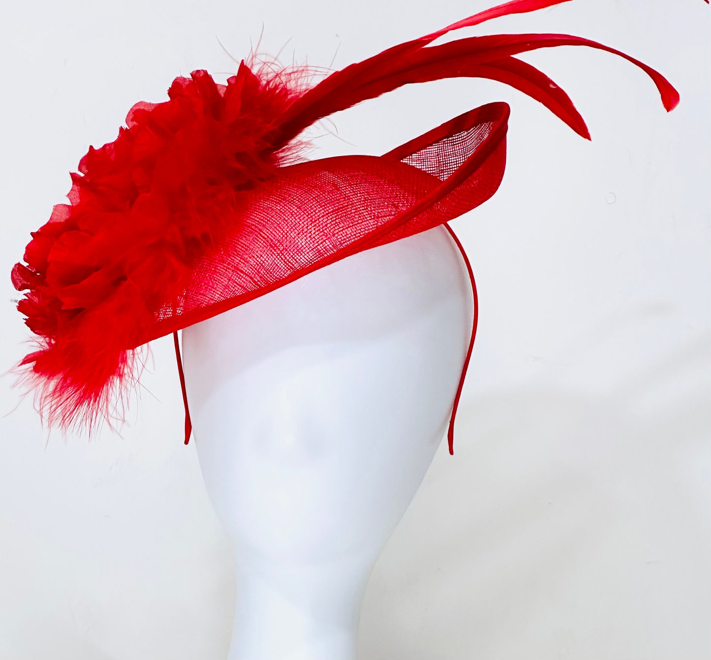 Red Fascinator Hat, Big Kentucky Derby Hat Fascinate, Big Brim Derby Hat, Church Hat, Red Feather Headband Hat, Red Feather Fascinate