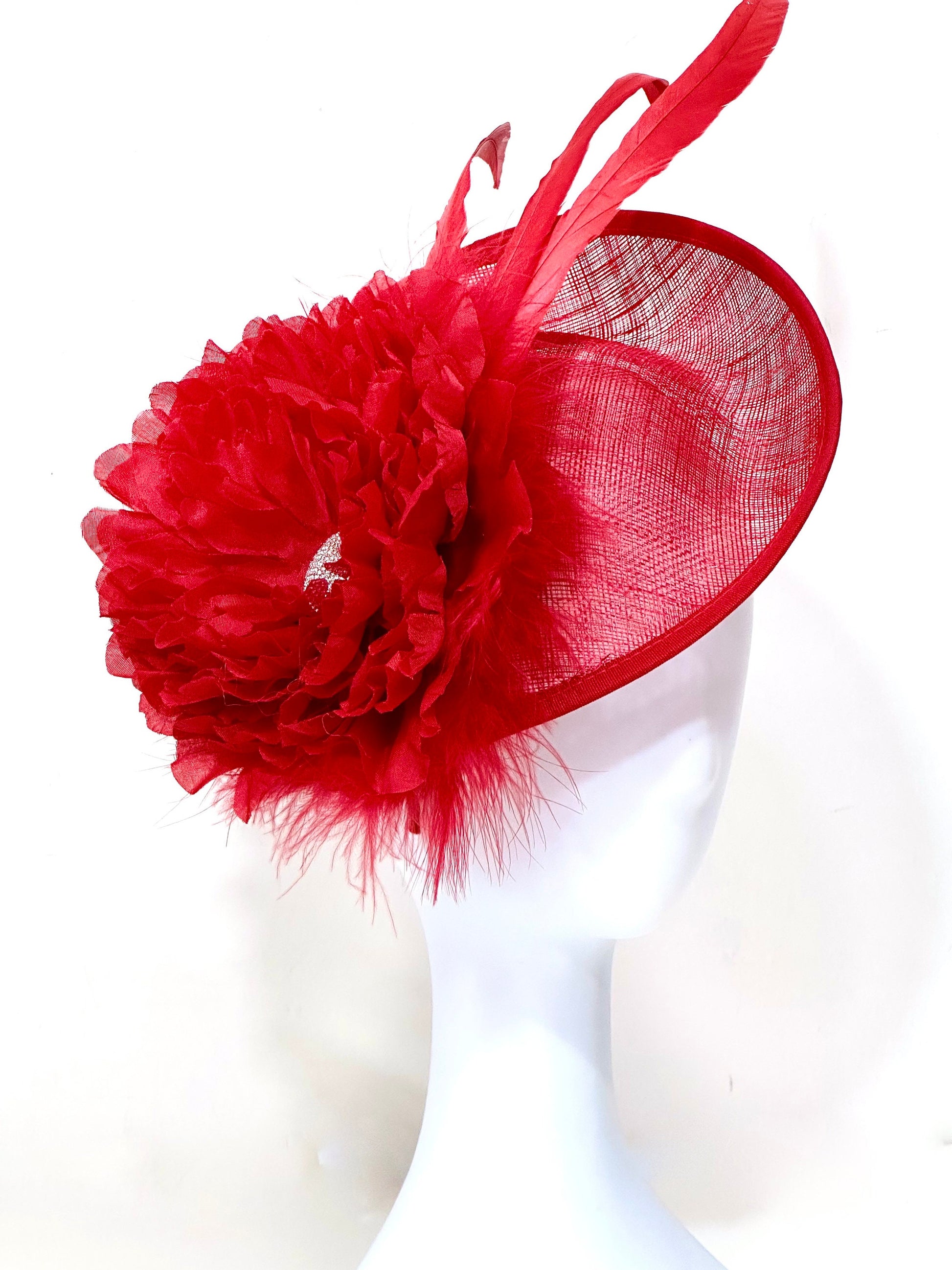 Red Fascinator Hat, Big Kentucky Derby Hat Fascinate, Big Brim Derby Hat, Church Hat, Red Feather Headband Hat, Red Feather Fascinate