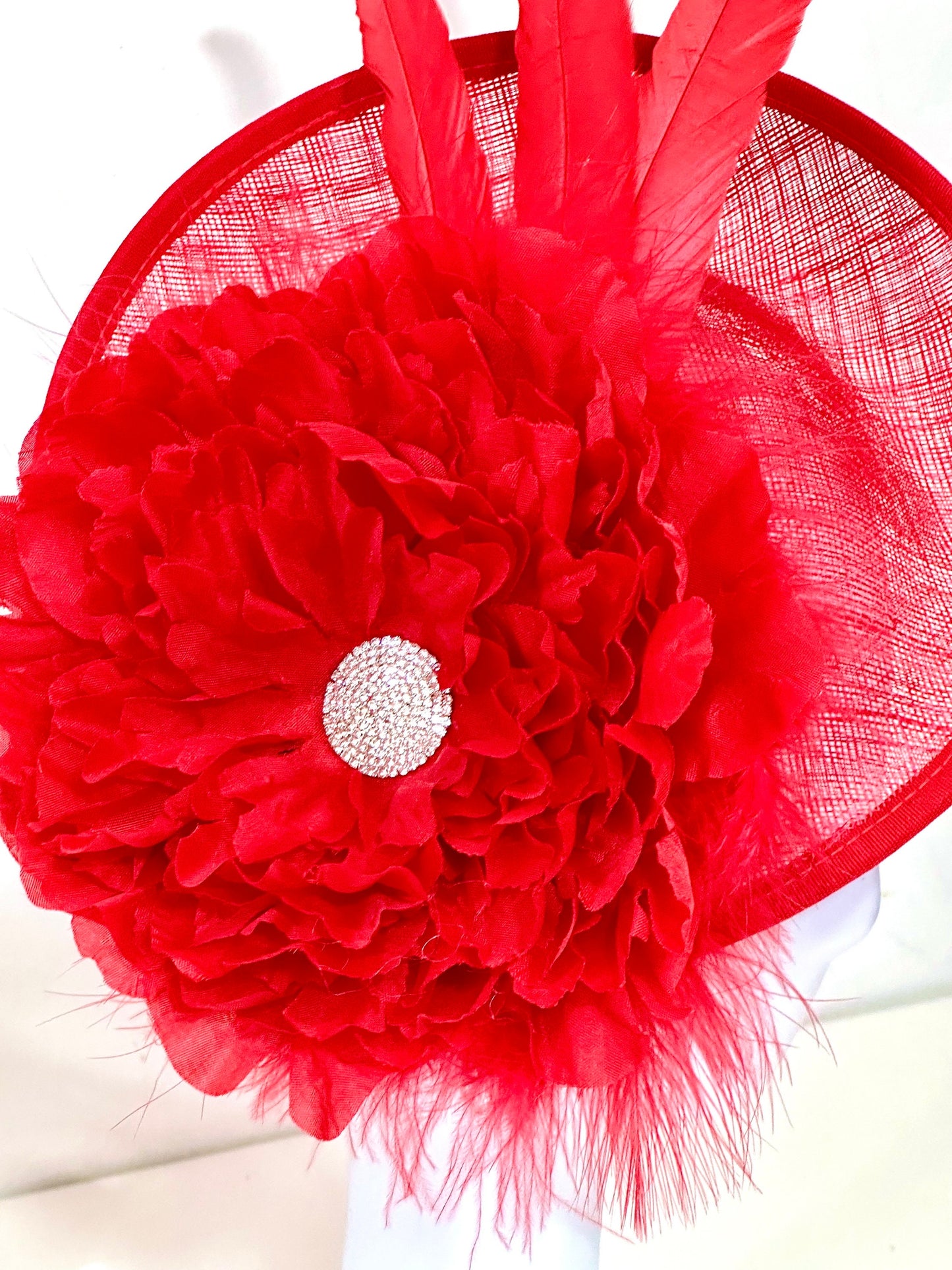 Red Fascinator Hat, Big Kentucky Derby Hat Fascinate, Big Brim Derby Hat, Church Hat, Red Feather Headband Hat, Red Feather Fascinate