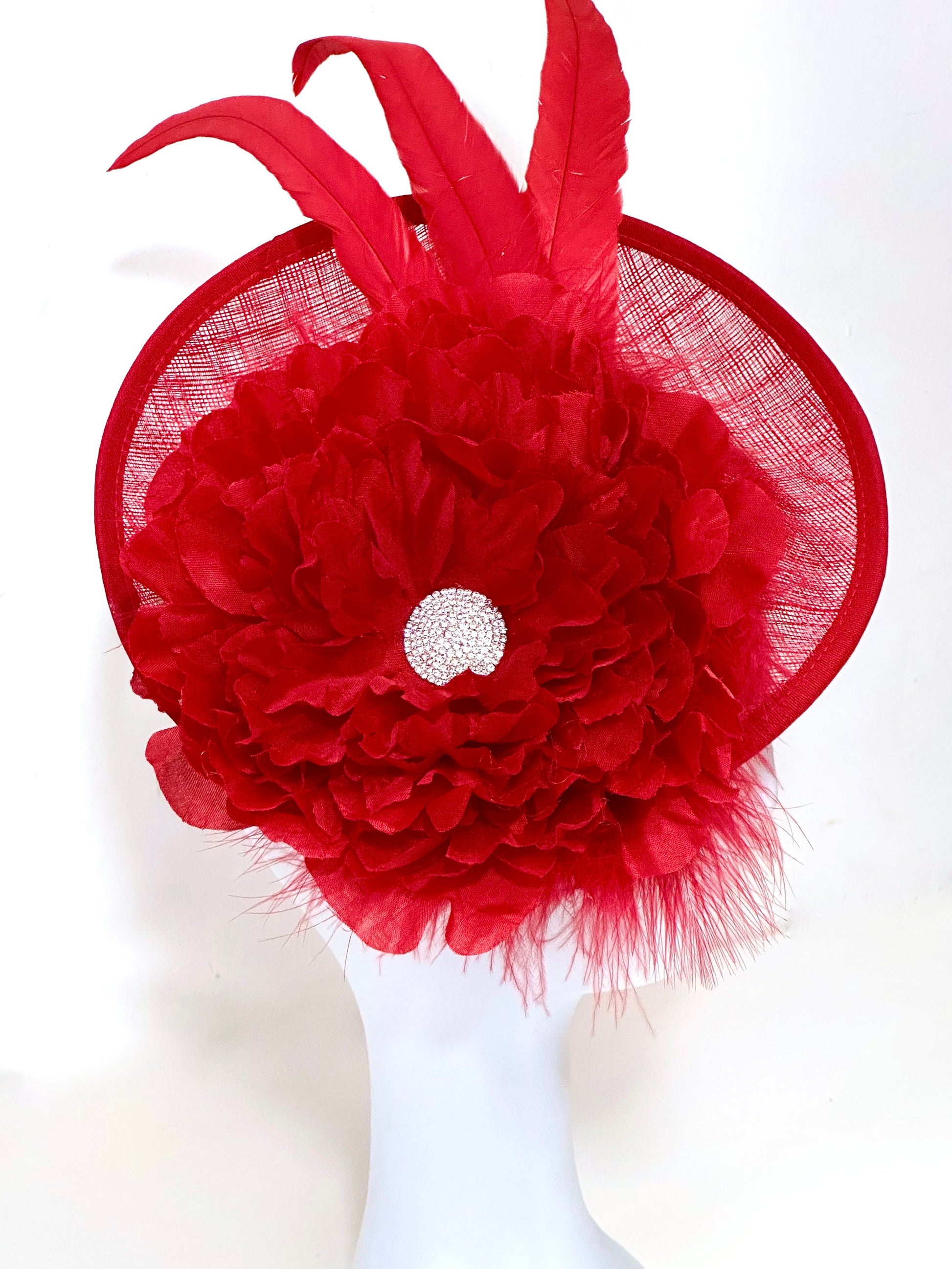 Red Fascinator Hat, Big Kentucky Derby Hat Fascinate, Big Brim Derby Hat, Church Hat, Red Feather Headband Hat, Red Feather Fascinate