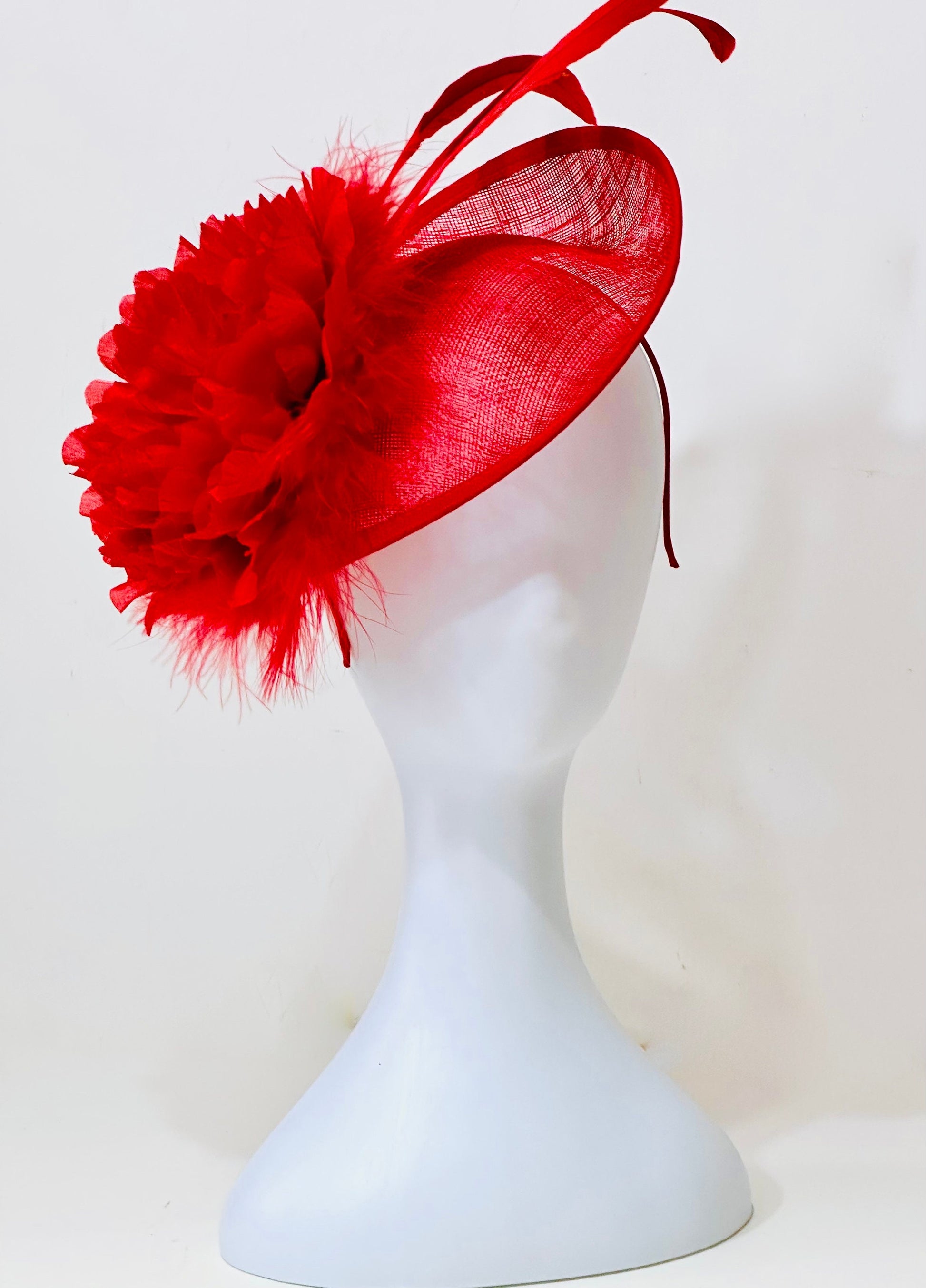 Red Fascinator Hat, Big Kentucky Derby Hat Fascinate, Big Brim Derby Hat, Church Hat, Red Feather Headband Hat, Red Feather Fascinate