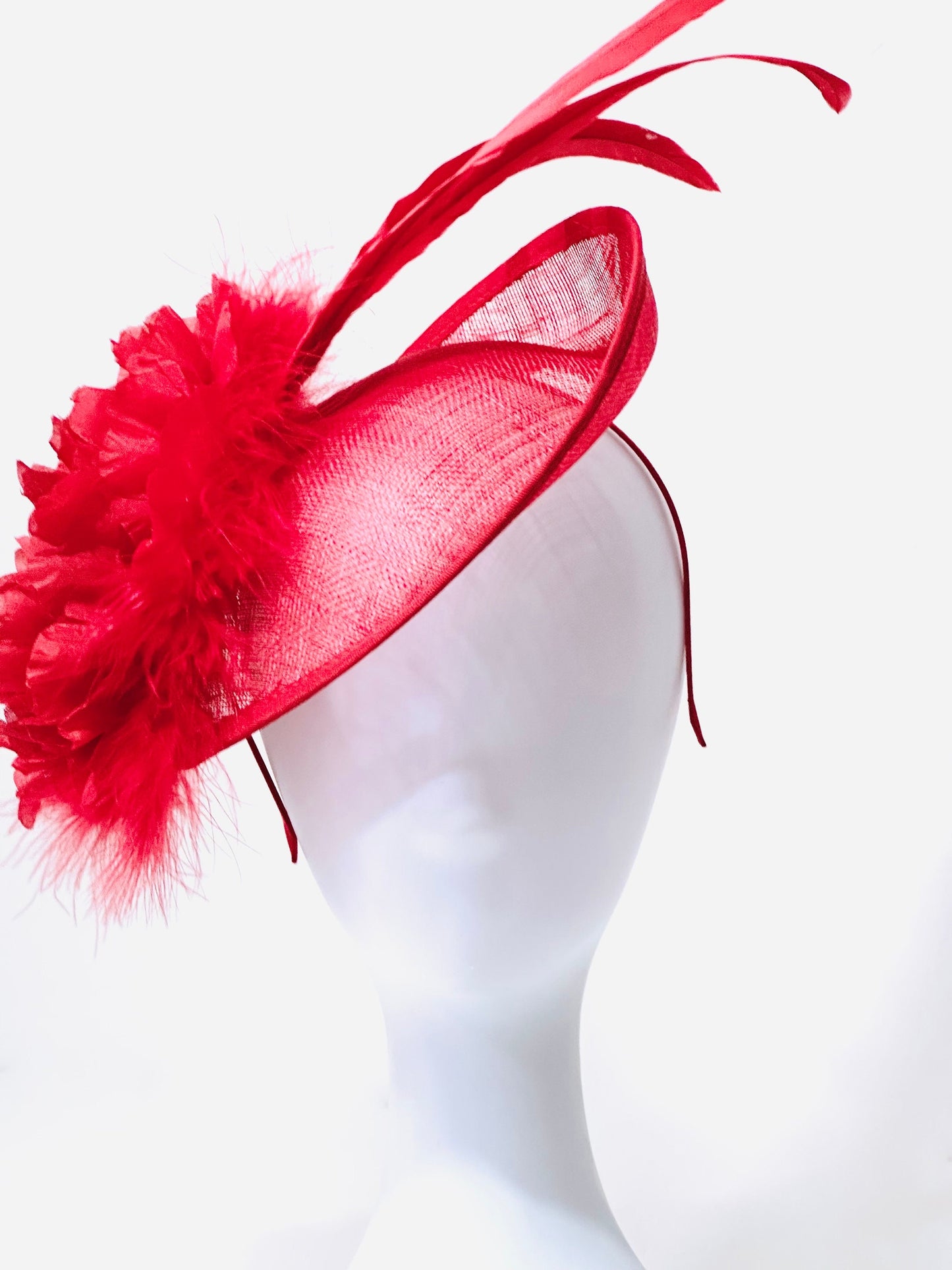 Red Fascinator Hat, Big Kentucky Derby Hat Fascinate, Big Brim Derby Hat, Church Hat, Red Feather Headband Hat, Red Feather Fascinate