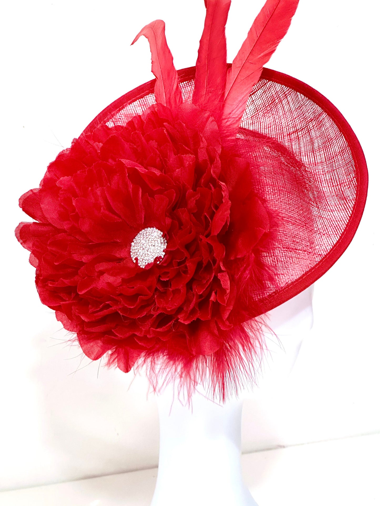 Red Fascinator Hat, Big Kentucky Derby Hat Fascinate, Big Brim Derby Hat, Church Hat, Red Feather Headband Hat, Red Feather Fascinate