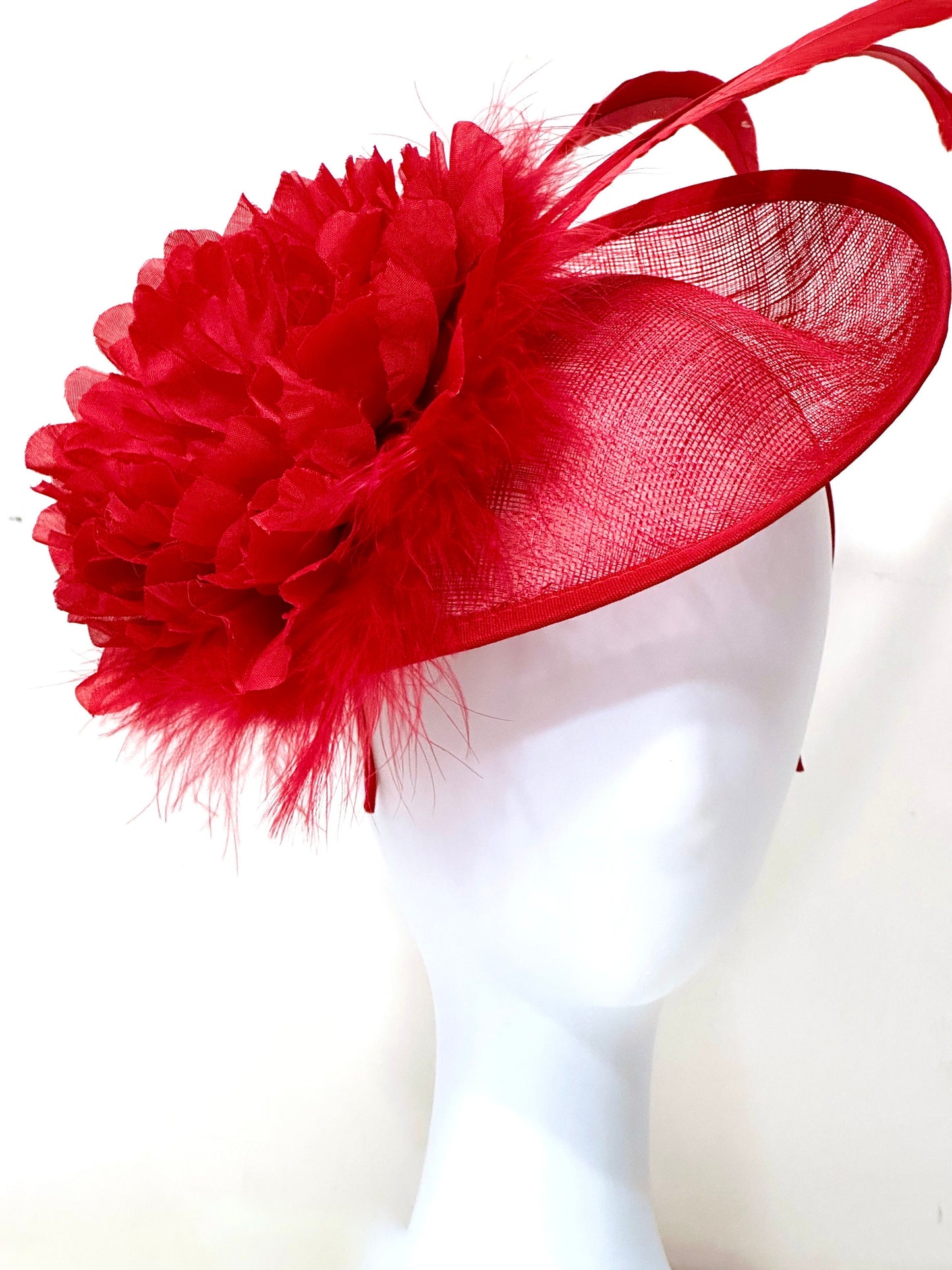 Red Fascinator Hat, Big Kentucky Derby Hat Fascinate, Big Brim Derby Hat, Church Hat, Red Feather Headband Hat, Red Feather Fascinate