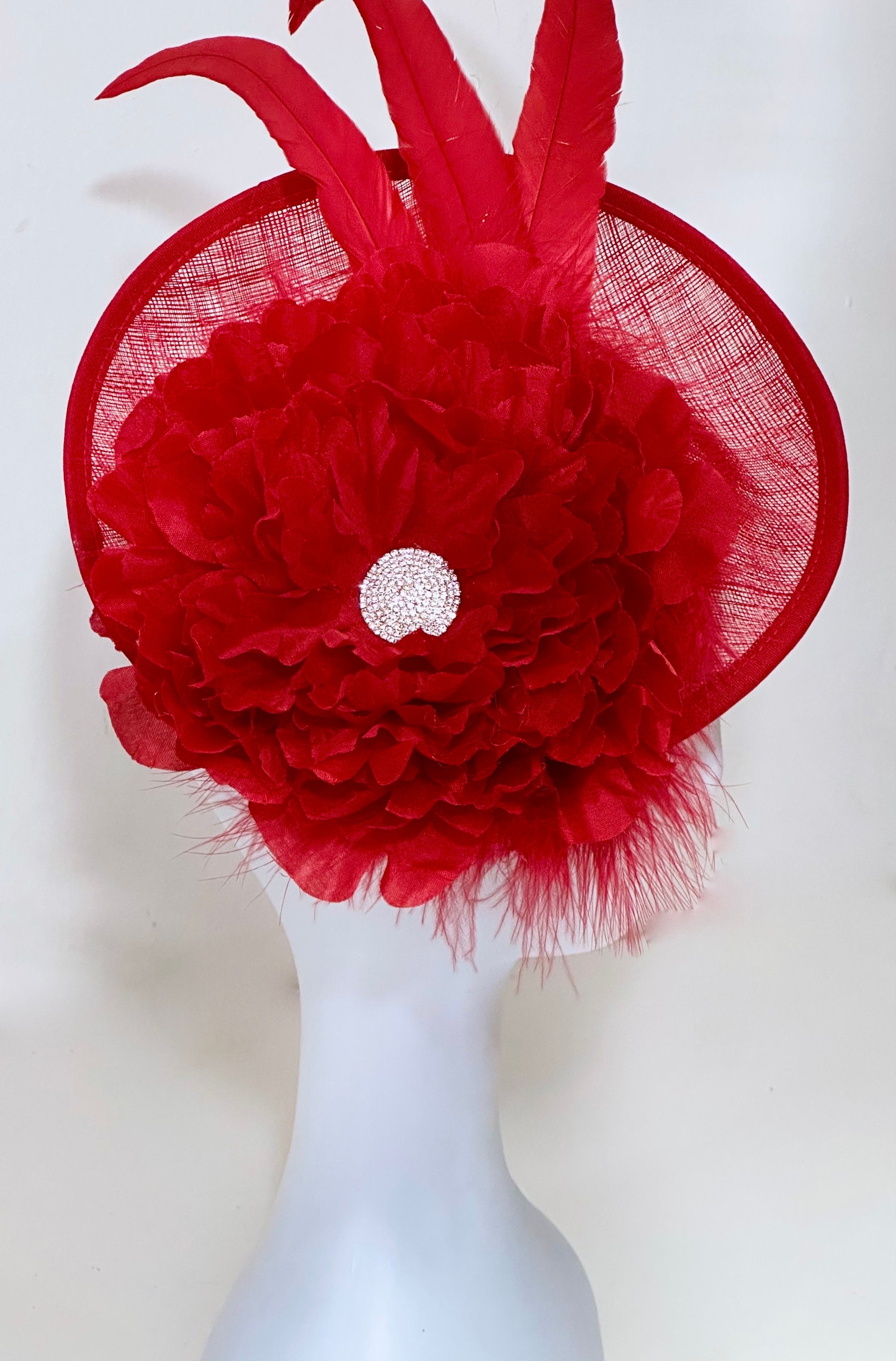 Red Fascinator Hat, Big Kentucky Derby Hat Fascinate, Big Brim Derby Hat, Church Hat, Red Feather Headband Hat, Red Feather Fascinate