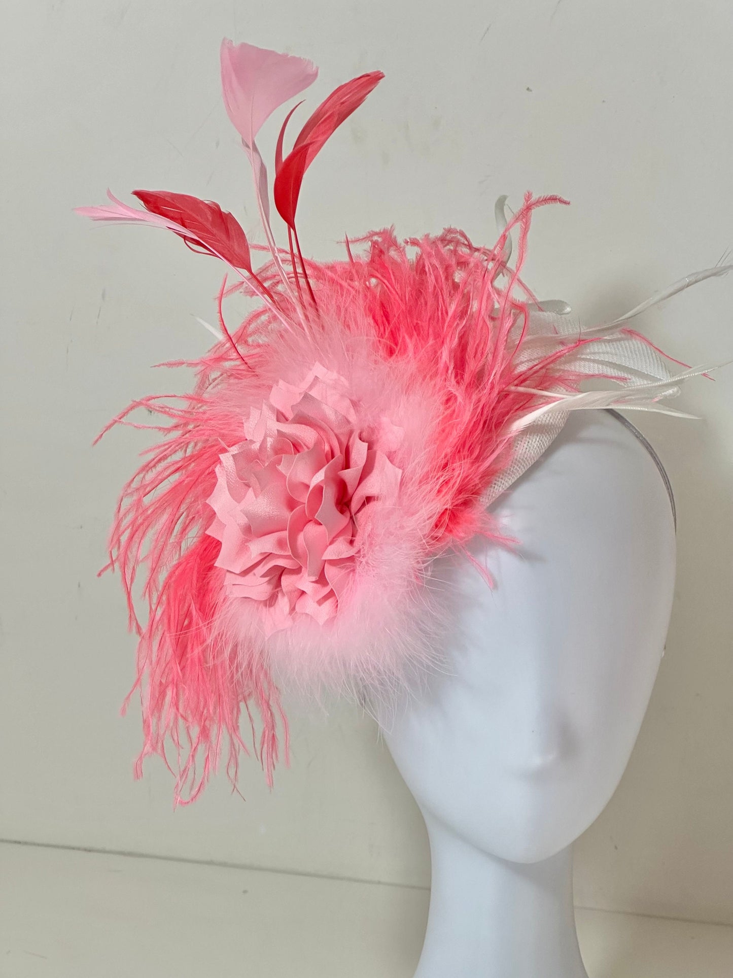 Pink Coral White Derby Fascinate Hat, Bright Pink Coral Derby Hat Headband, Easter Parade Hat, Church Hat, Pink Coral Feather Derby Hat