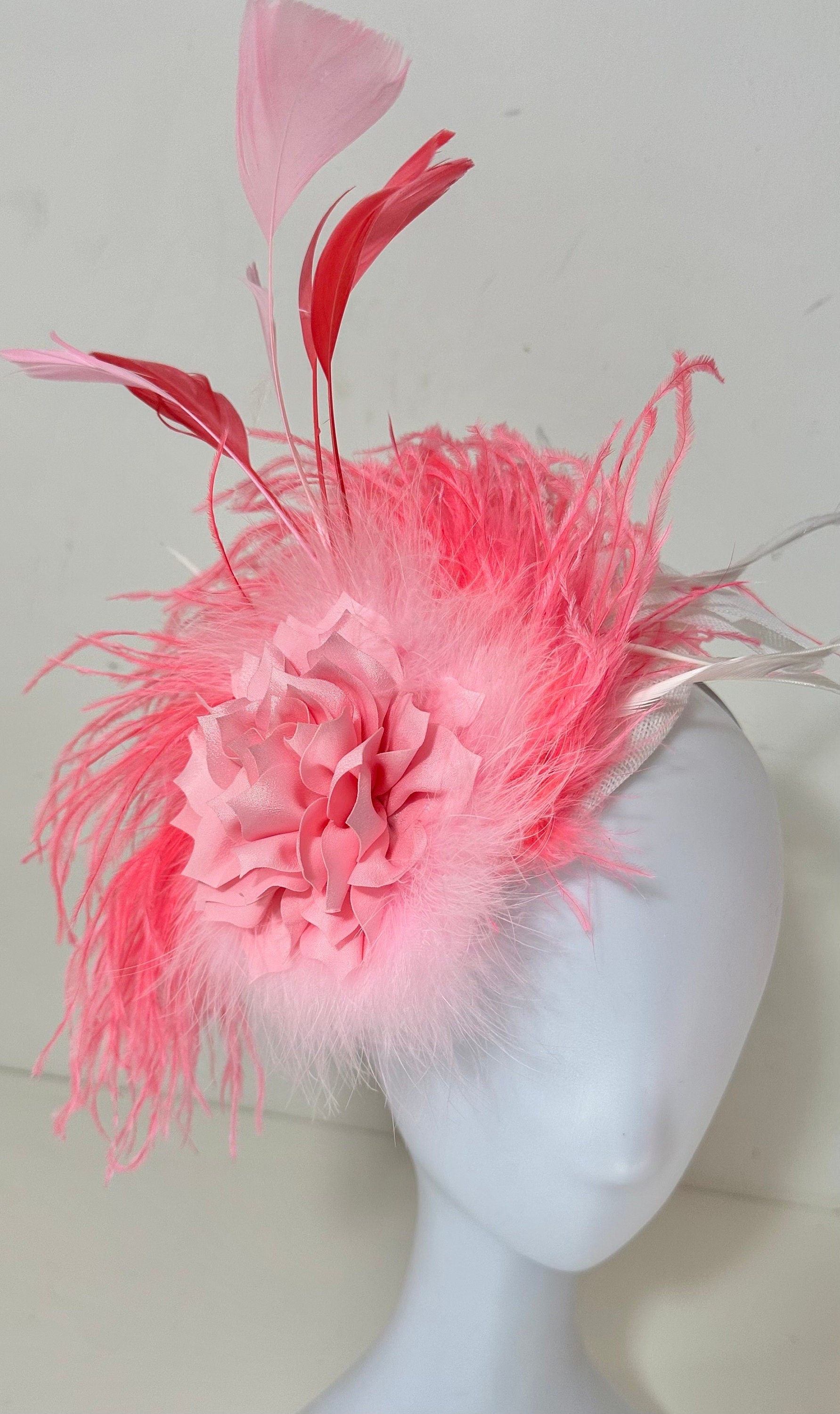 Pink Coral White Derby Fascinate Hat, Bright Pink Coral Derby Hat Headband, Easter Parade Hat, Church Hat, Pink Coral Feather Derby Hat