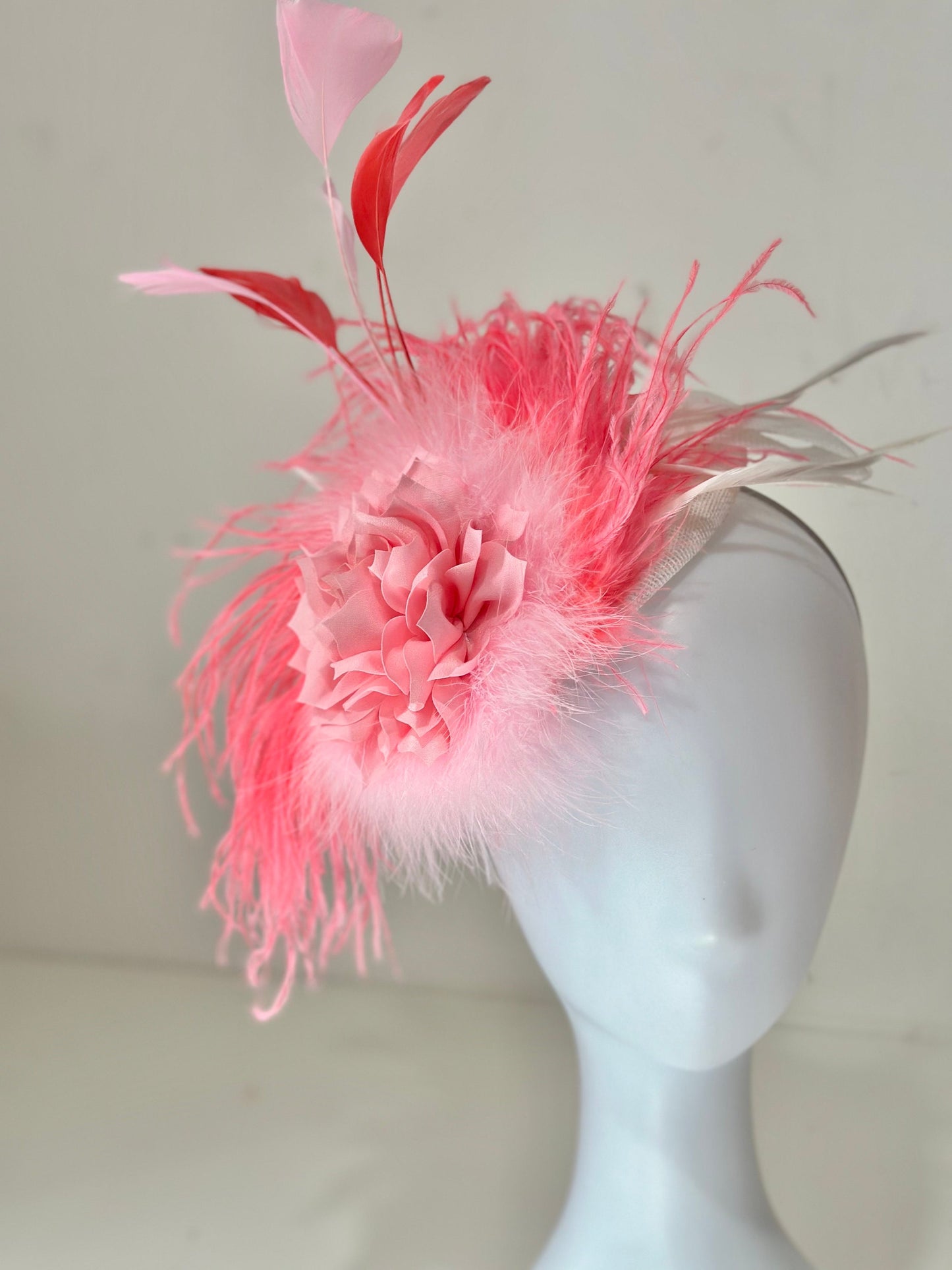 Pink Coral White Derby Fascinate Hat, Bright Pink Coral Derby Hat Headband, Easter Parade Hat, Church Hat, Pink Coral Feather Derby Hat