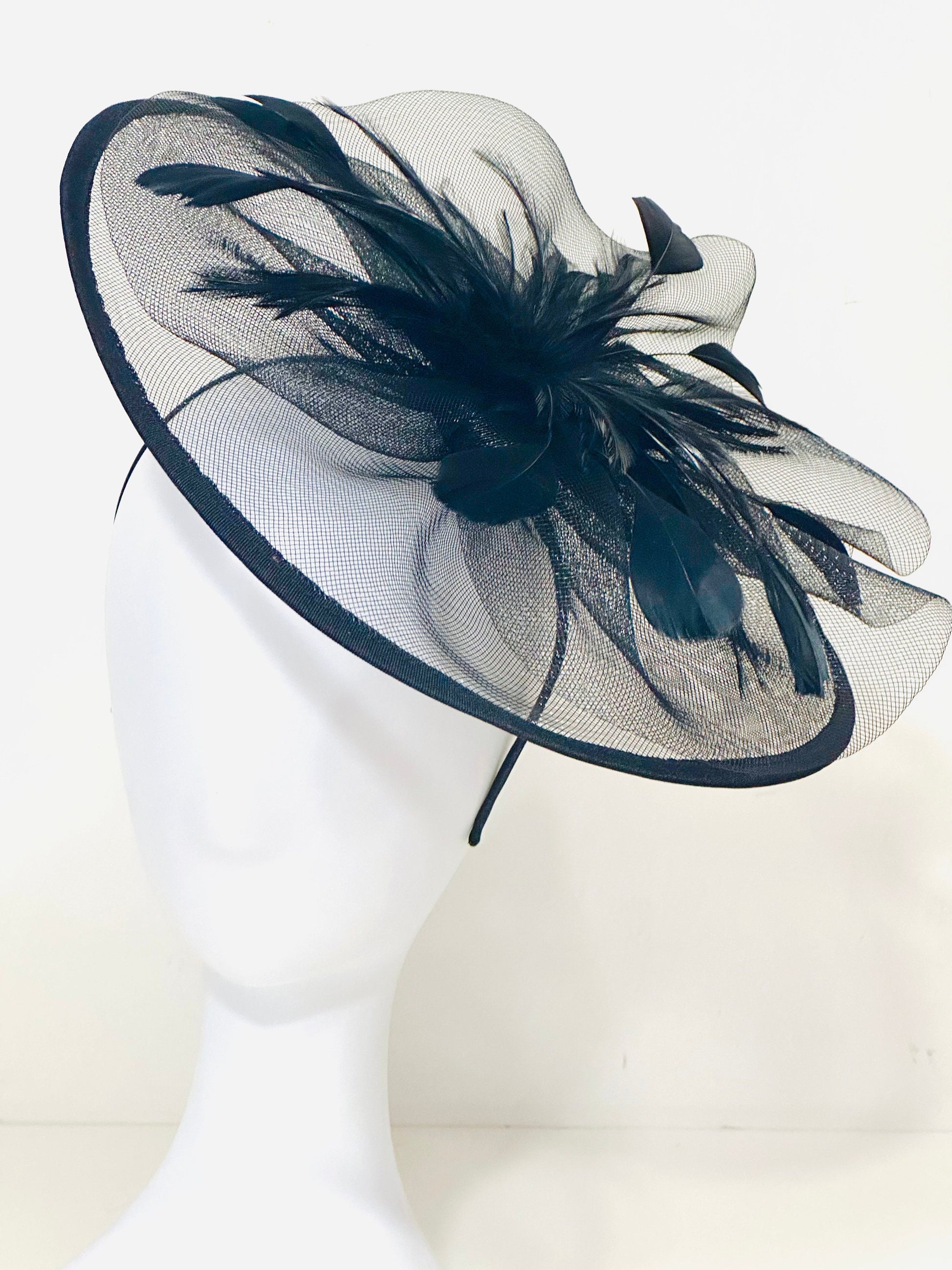 Navy Kentucky Derby Fascinator Headband, Navy,Pink, Green Feather Hat, High Tea Hat, Pink, Navy, Black Fascinator Hat, Church Hat