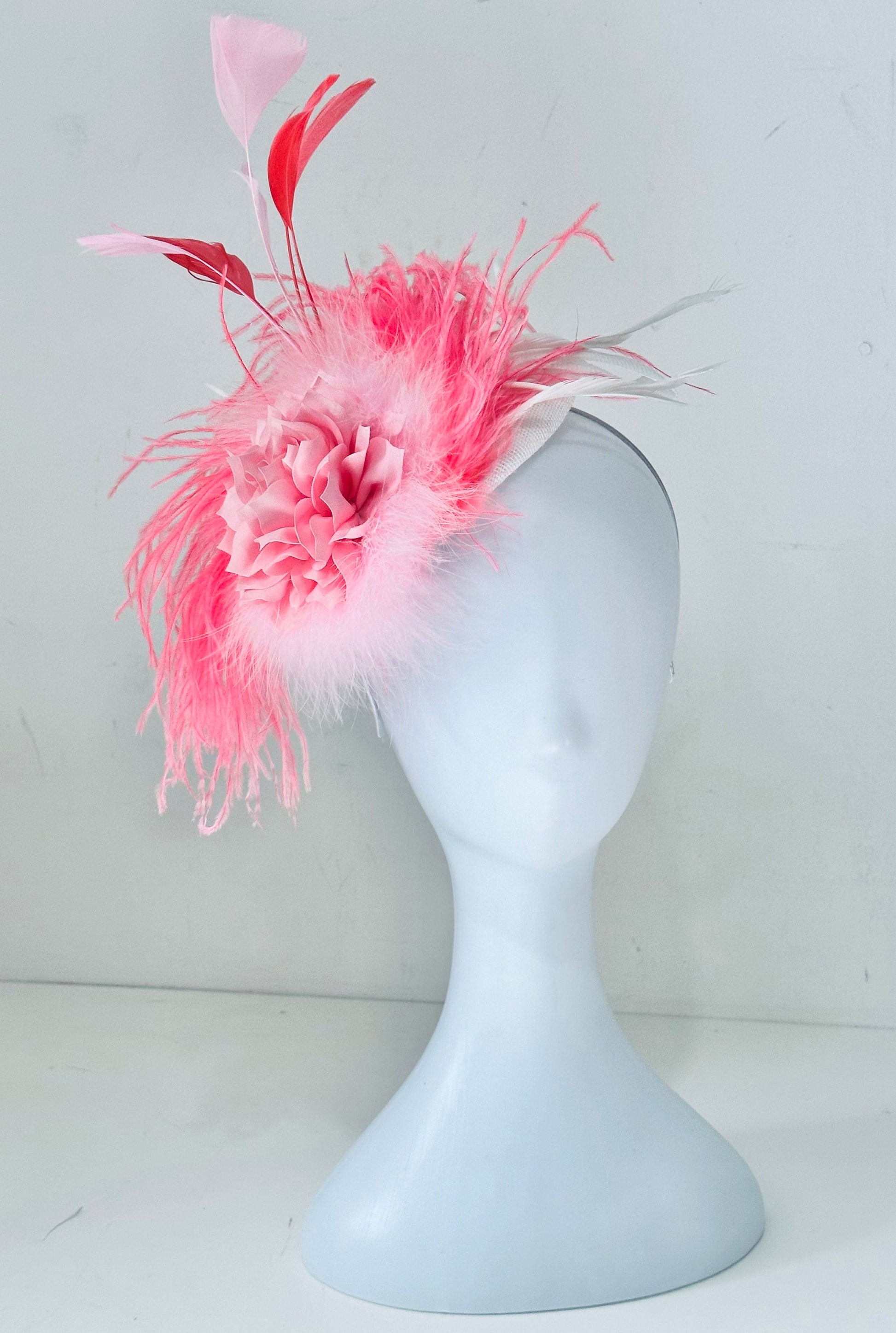 Pink Coral White Derby Fascinate Hat, Bright Pink Coral Derby Hat Headband, Easter Parade Hat, Church Hat, Pink Coral Feather Derby Hat