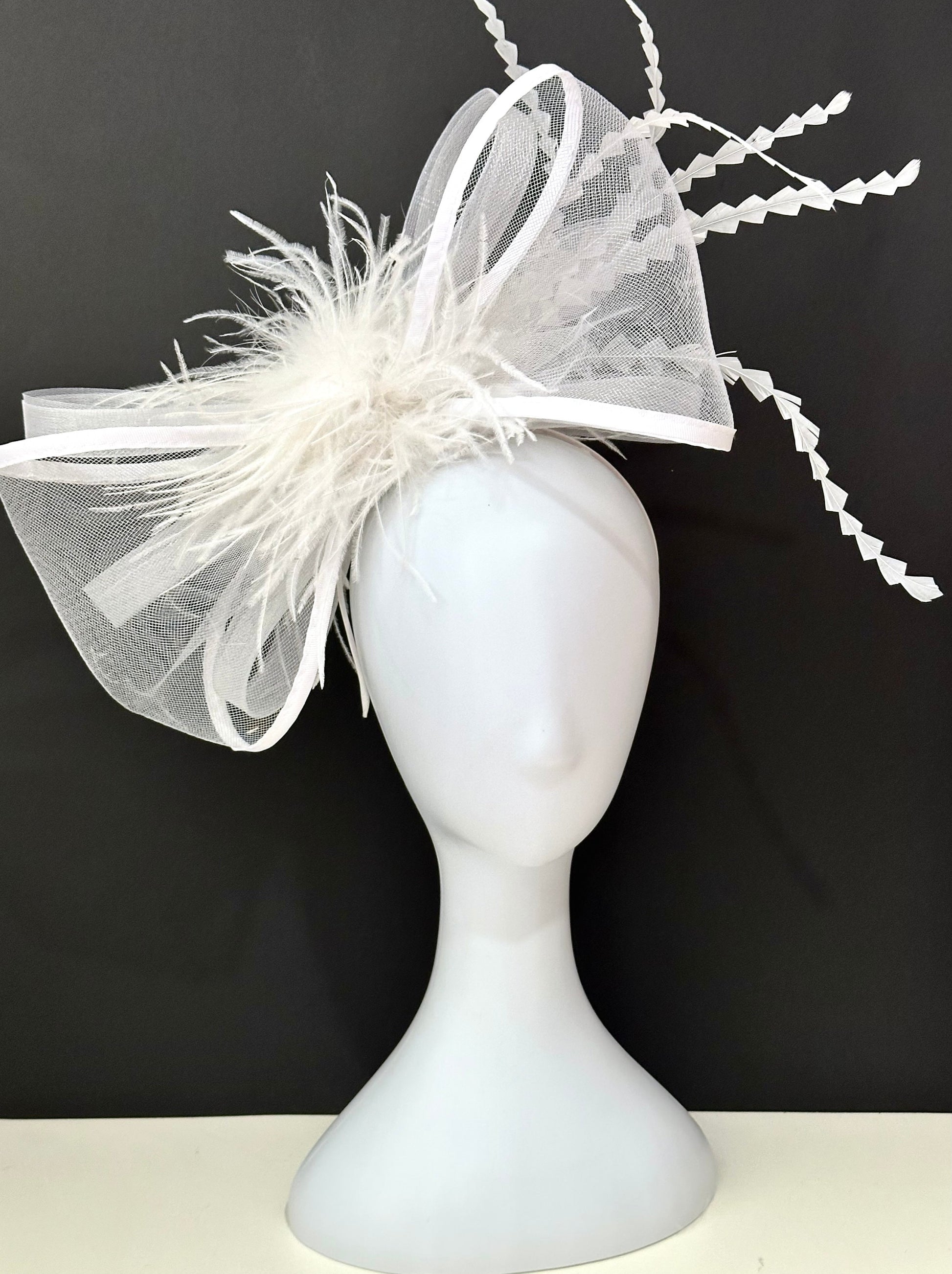 White Wedding Fascinator Hat, White Bow Fascinator Headband, White Feather Derby Hat, Tea Party Hat, Magenta, Pink Green Kentucky Derby Hat