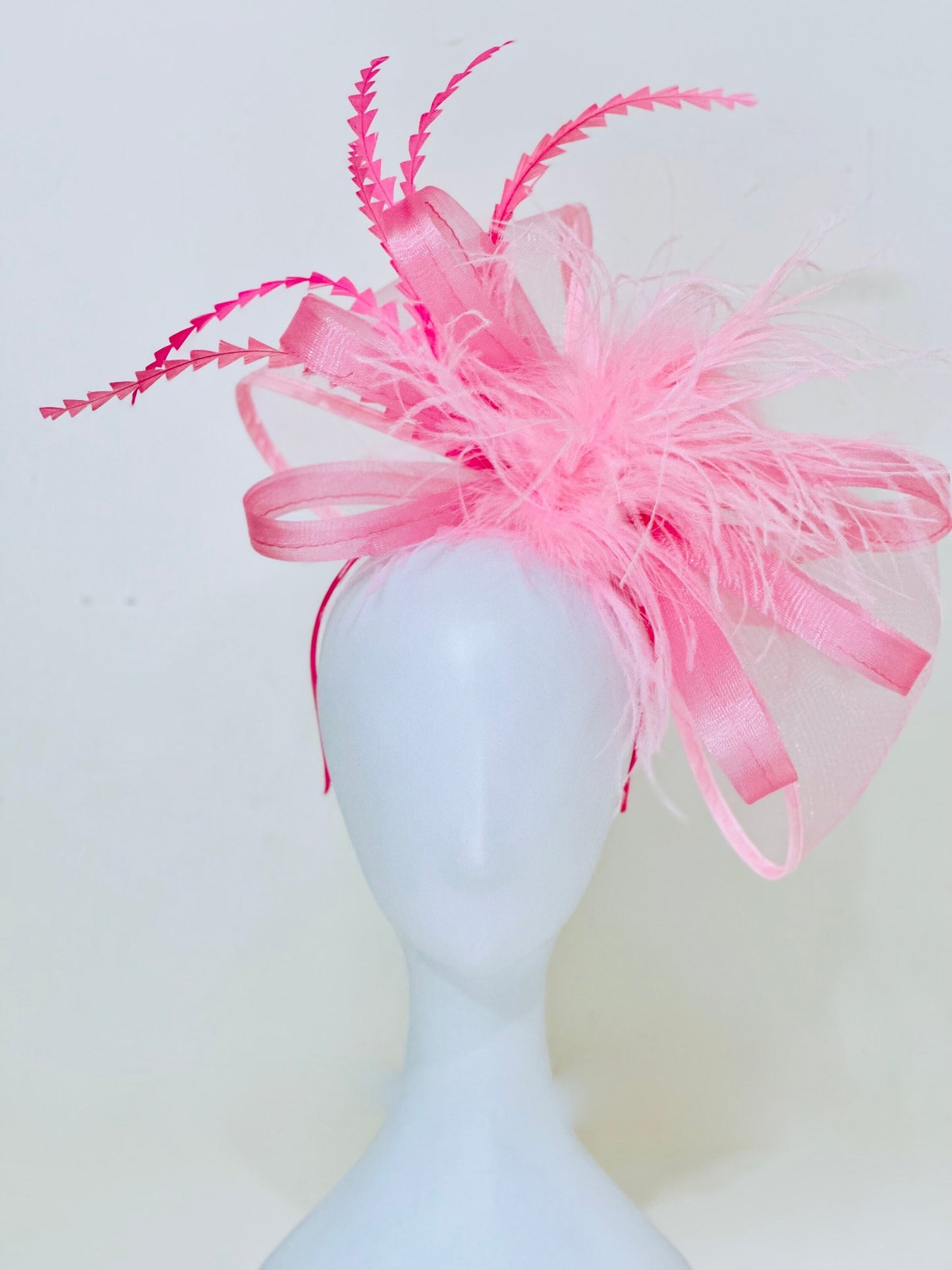 White Wedding Fascinator Hat, White Bow Fascinator Headband, White Feather Derby Hat, Tea Party Hat, Magenta, Pink Green Kentucky Derby Hat