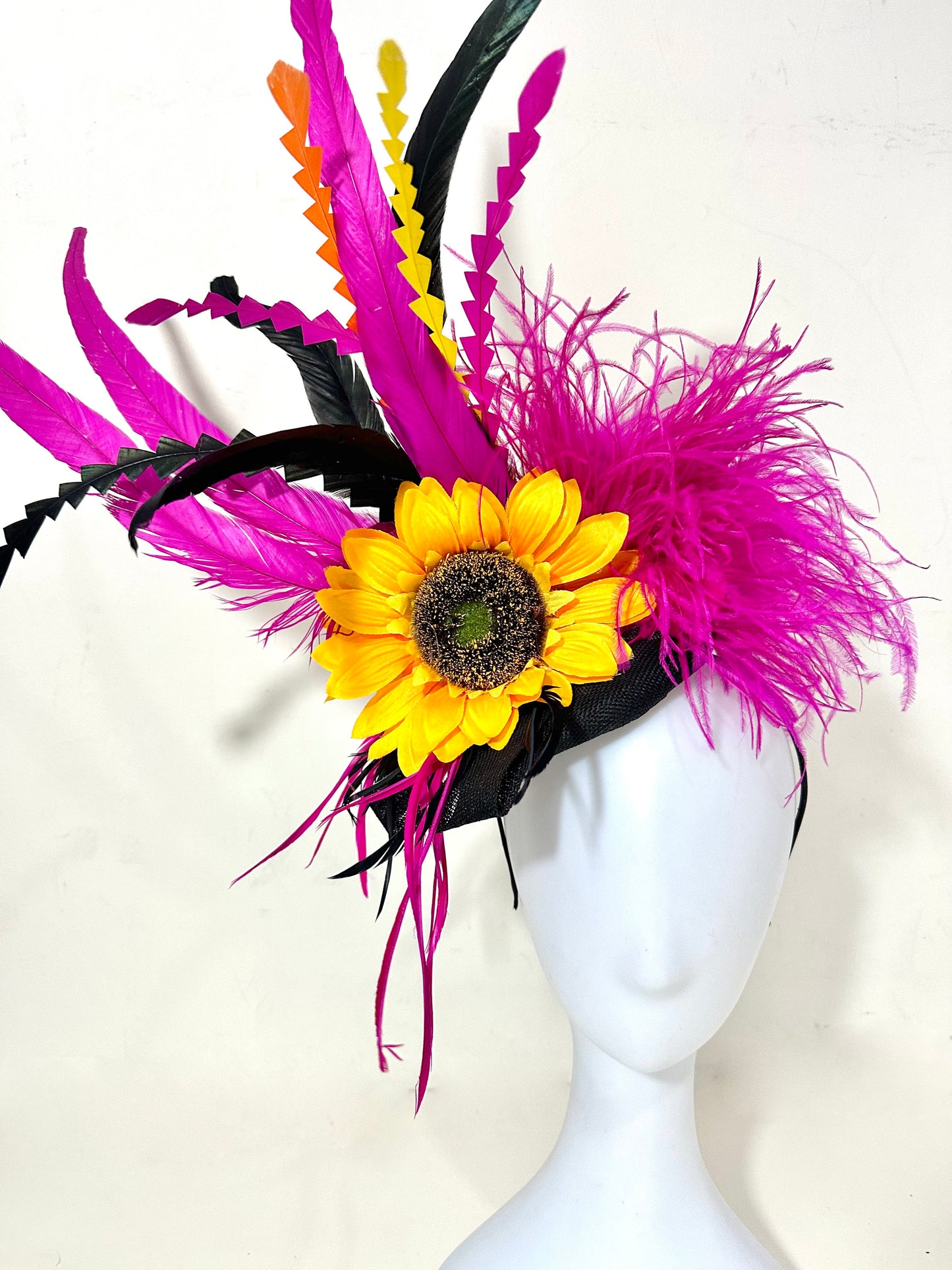 Pink Orange Hat, whimsical Sunflower Fascinator Hat, Sunflower Derby Hat, Big Derby Hat, Pink Orange Yellow Black Fascinator