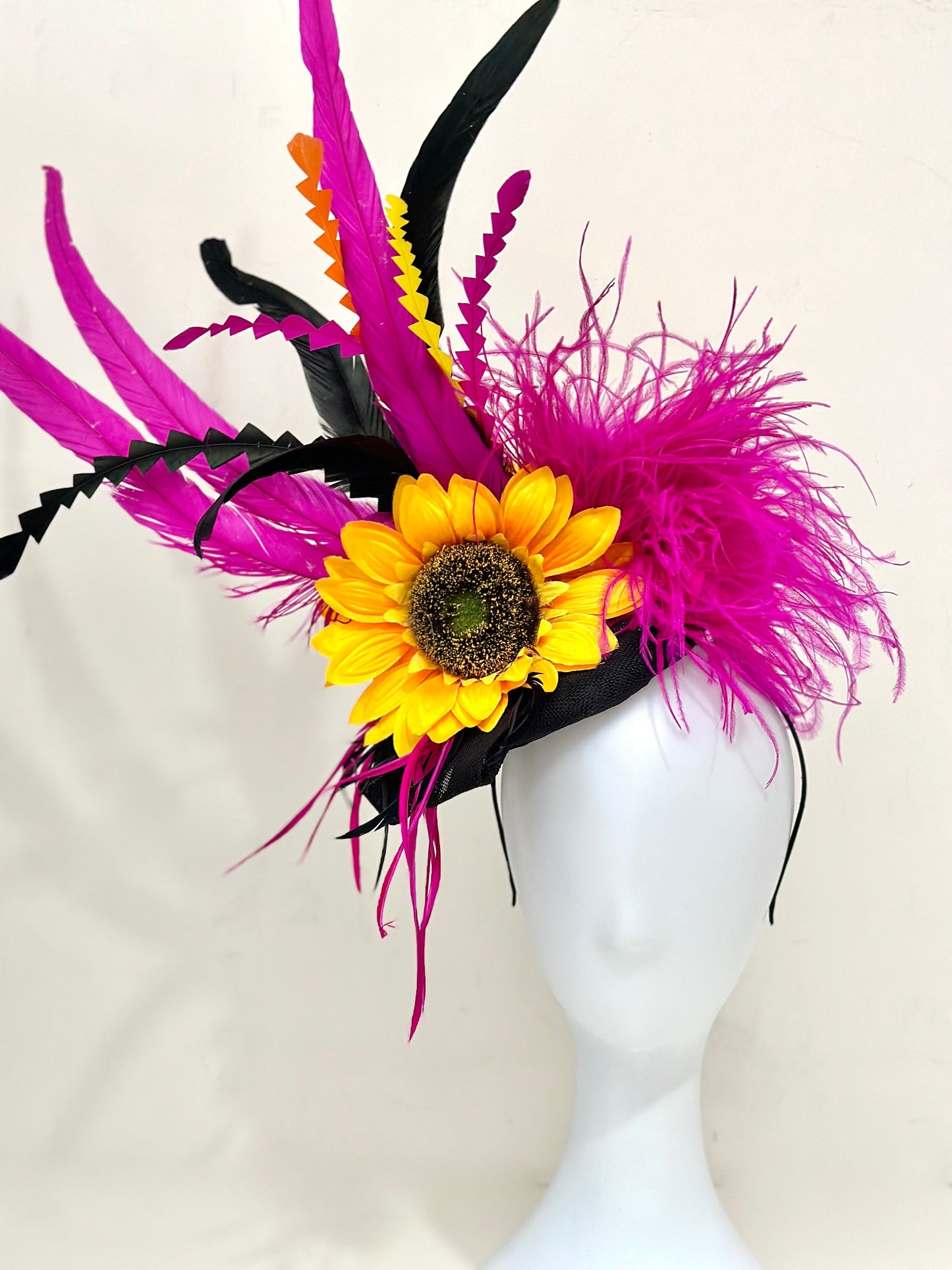 Pink Orange Hat, whimsical Sunflower Fascinator Hat, Sunflower Derby Hat, Big Derby Hat, Pink Orange Yellow Black Fascinator