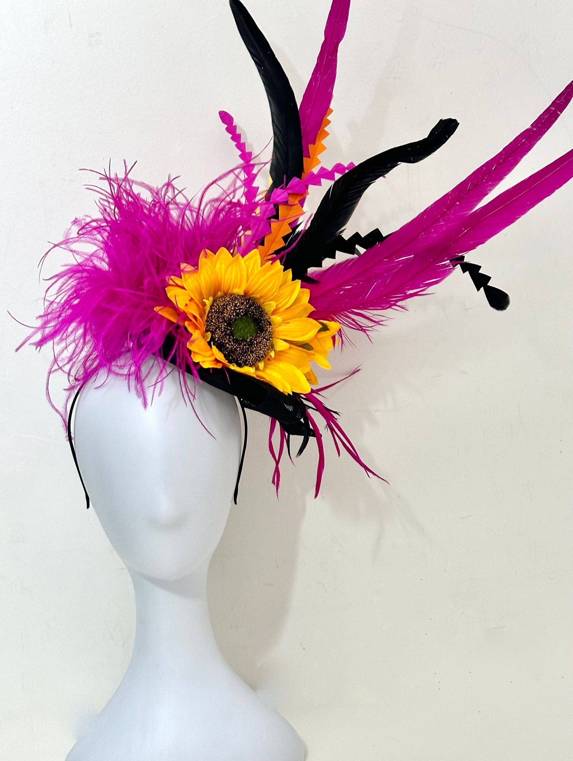 Pink Orange Hat, whimsical Sunflower Fascinator Hat, Sunflower Derby Hat, Big Derby Hat, Pink Orange Yellow Black Fascinator