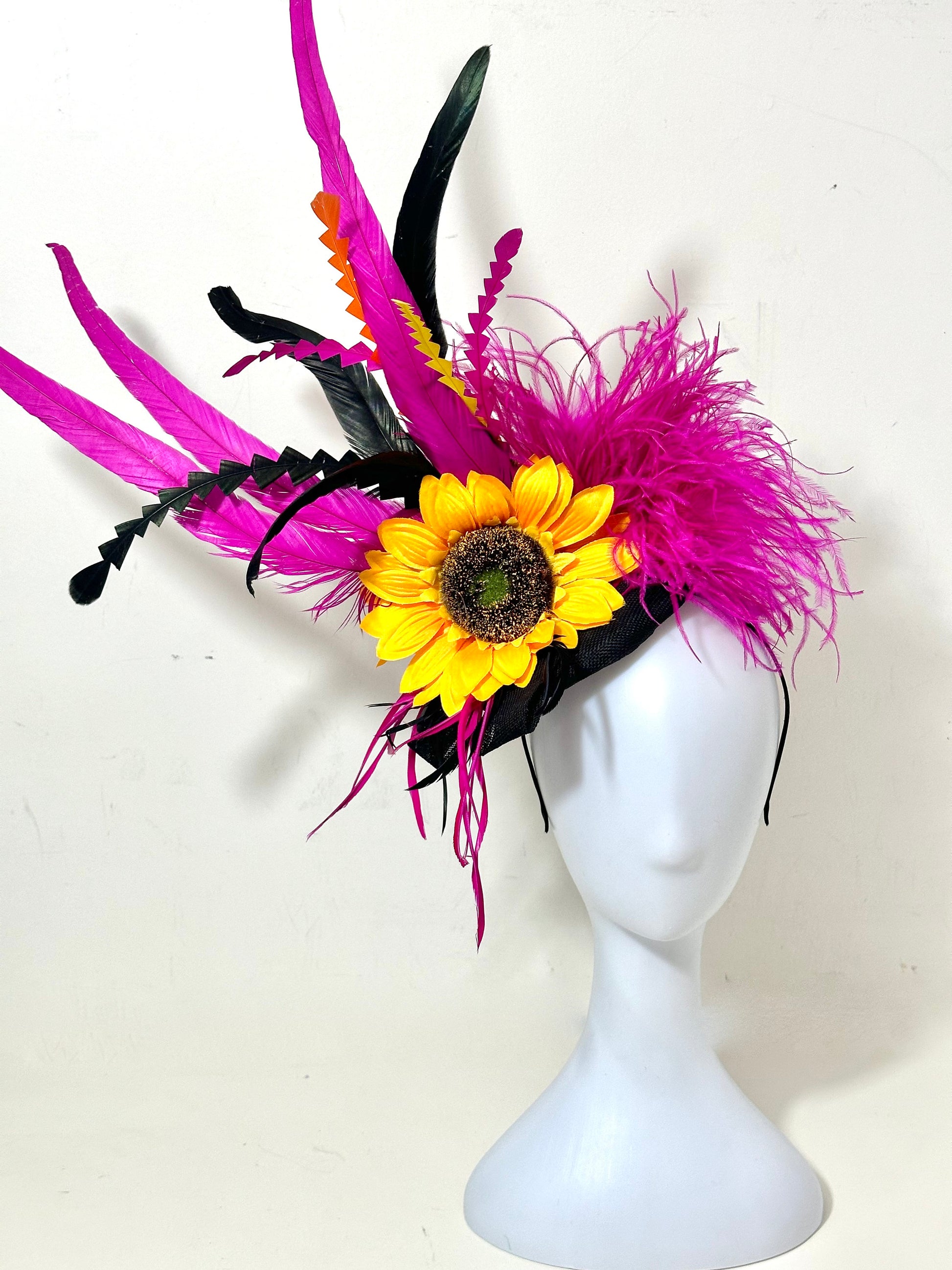 Pink Orange Hat, whimsical Sunflower Fascinator Hat, Sunflower Derby Hat, Big Derby Hat, Pink Orange Yellow Black Fascinator