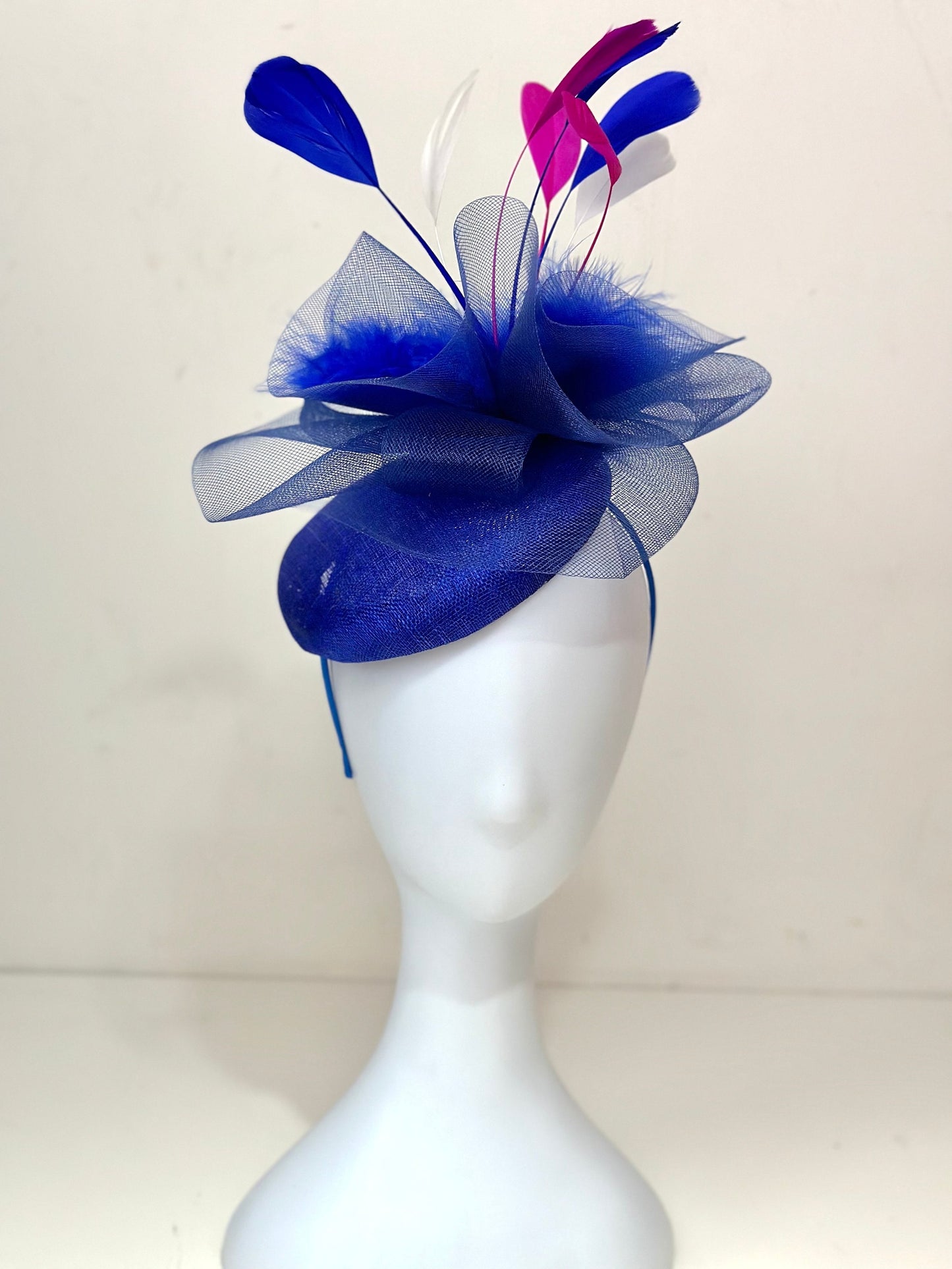 Pink Blue White Kentucky Derby Hat Fascinator Headband, Fuchsia Pink Navy White Derby Hat, Wedding Hat, Garden Party Church Hat