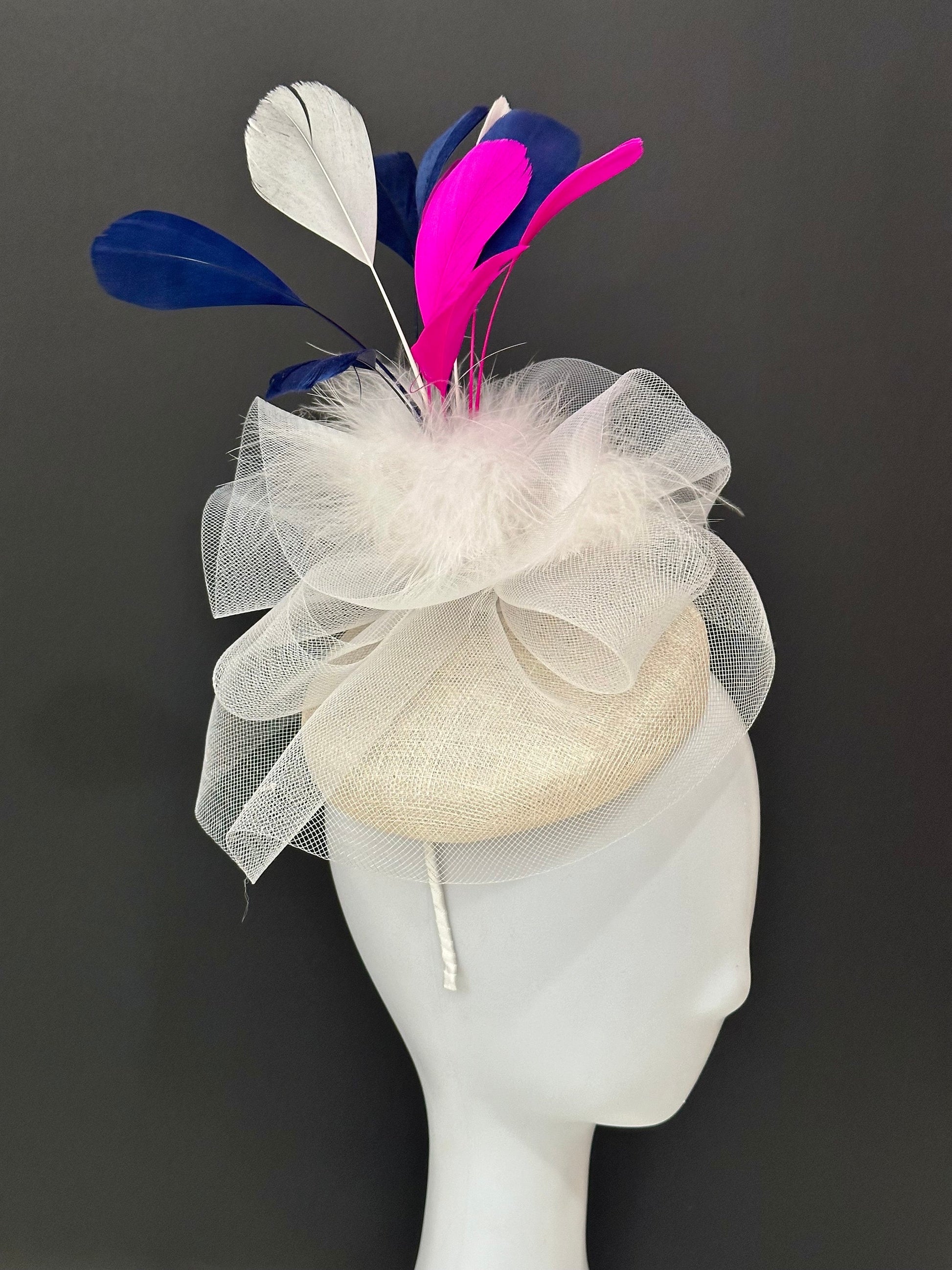 Pink Blue White Kentucky Derby Hat Fascinator Headband, Fuchsia Pink Navy White Derby Hat, Wedding Hat, Garden Party Church Hat