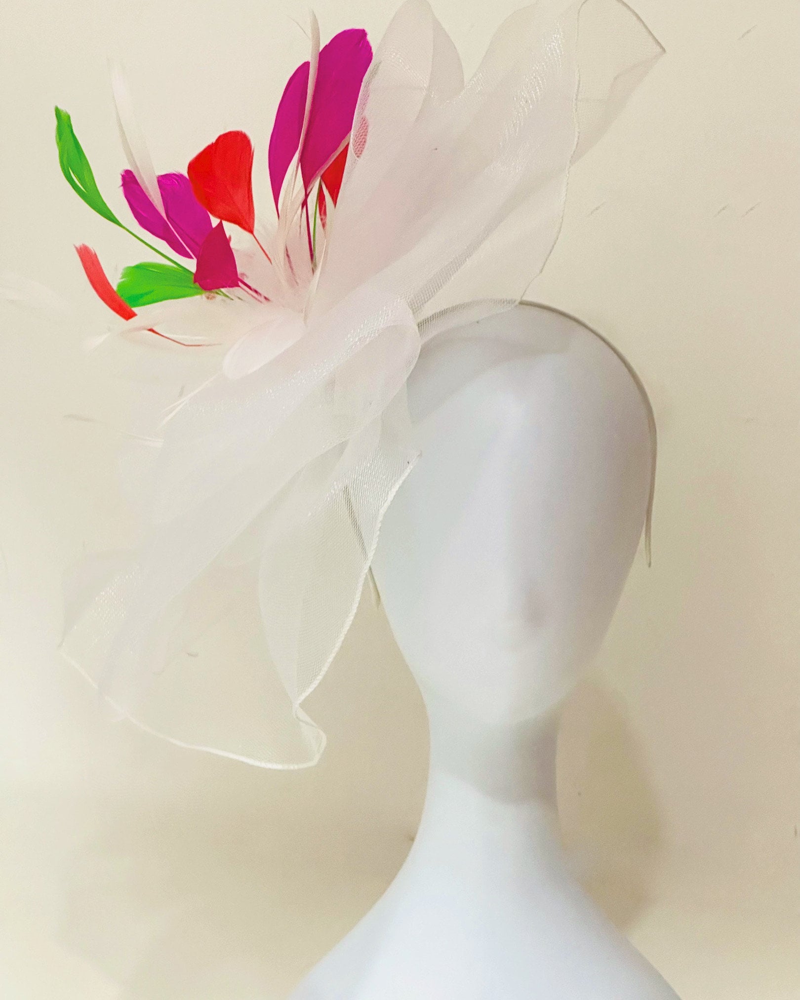 Big White Derby Hat Fascinator, Sheer Crinoline Big Derby Hat, White Wedding Hat Fascinate, Church Tea Party Hat, White, Orange Derby Hat