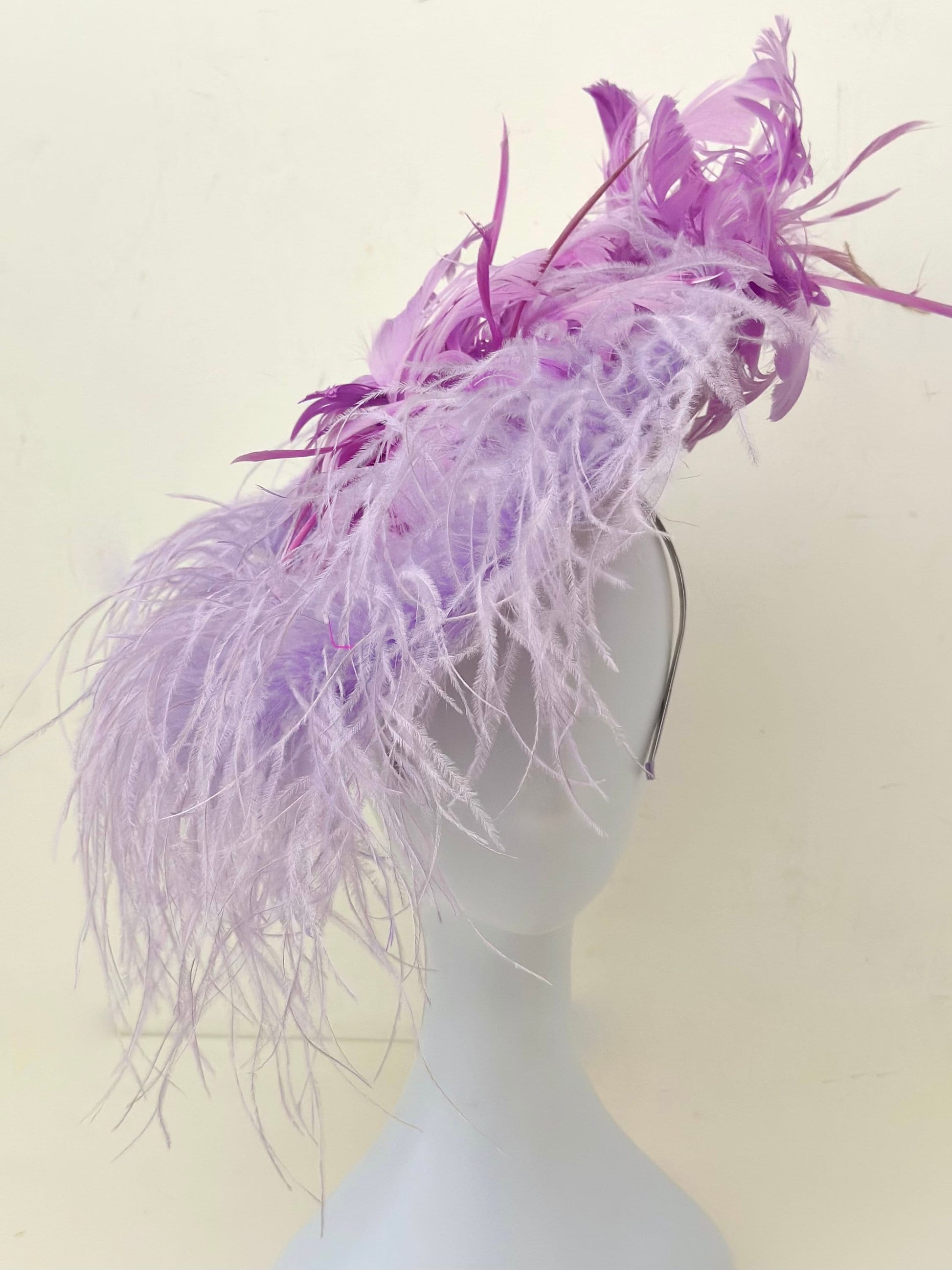 Purple Lavender Lilac Feather Fascinate Hat, Church Derby Fascinator Hat, Garden Tea Party Hat, Feather Fascinate Hat, Wedding Fascinate