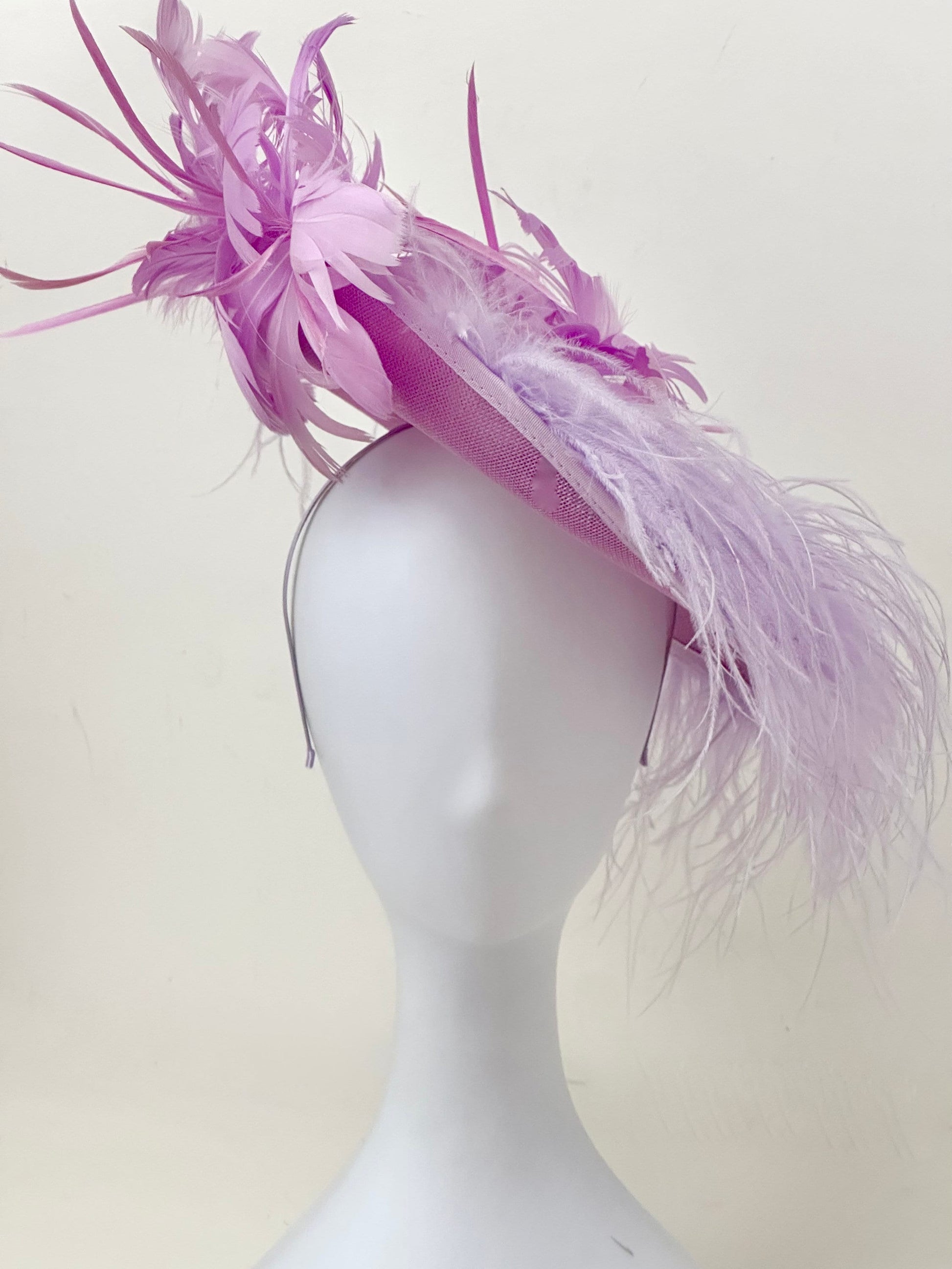 Purple Lavender Lilac Feather Fascinate Hat, Church Derby Fascinator Hat, Garden Tea Party Hat, Feather Fascinate Hat, Wedding Fascinate