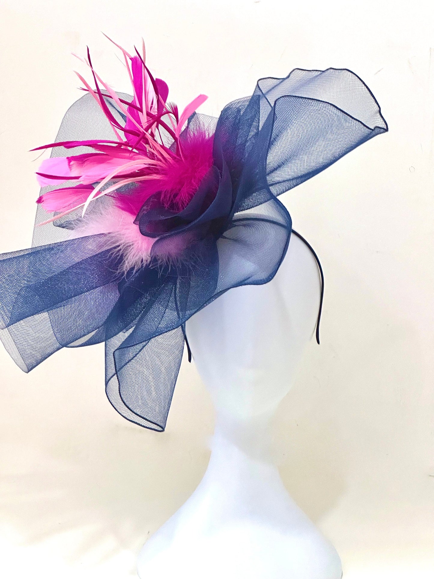 Pink Navy White Kentucky Derby Hat Fascinator Headband, Fuchsia Pink Navy White Big Derby Hat, Wedding Hat, Fancy Garden Party Church Hat,