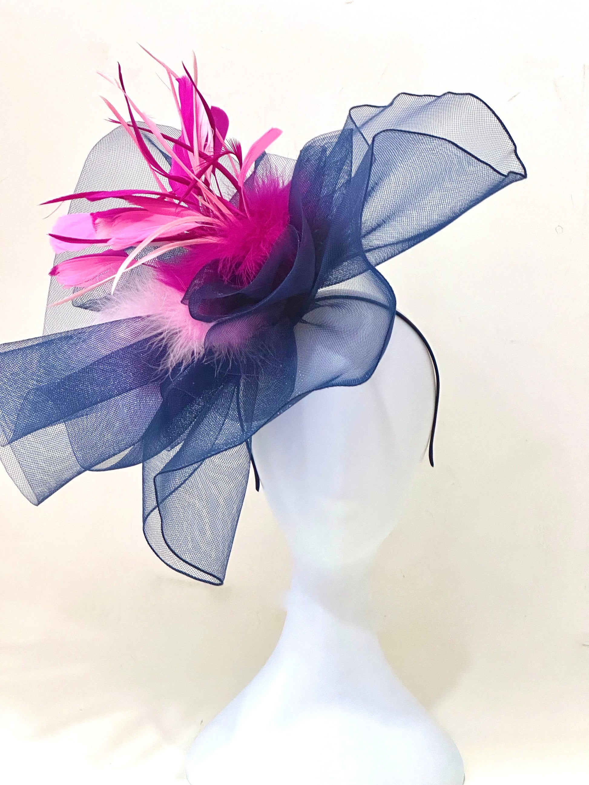 Pink Navy White Kentucky Derby Hat Fascinator Headband, Fuchsia Pink Navy White Big Derby Hat, Wedding Hat, Fancy Garden Party Church Hat,