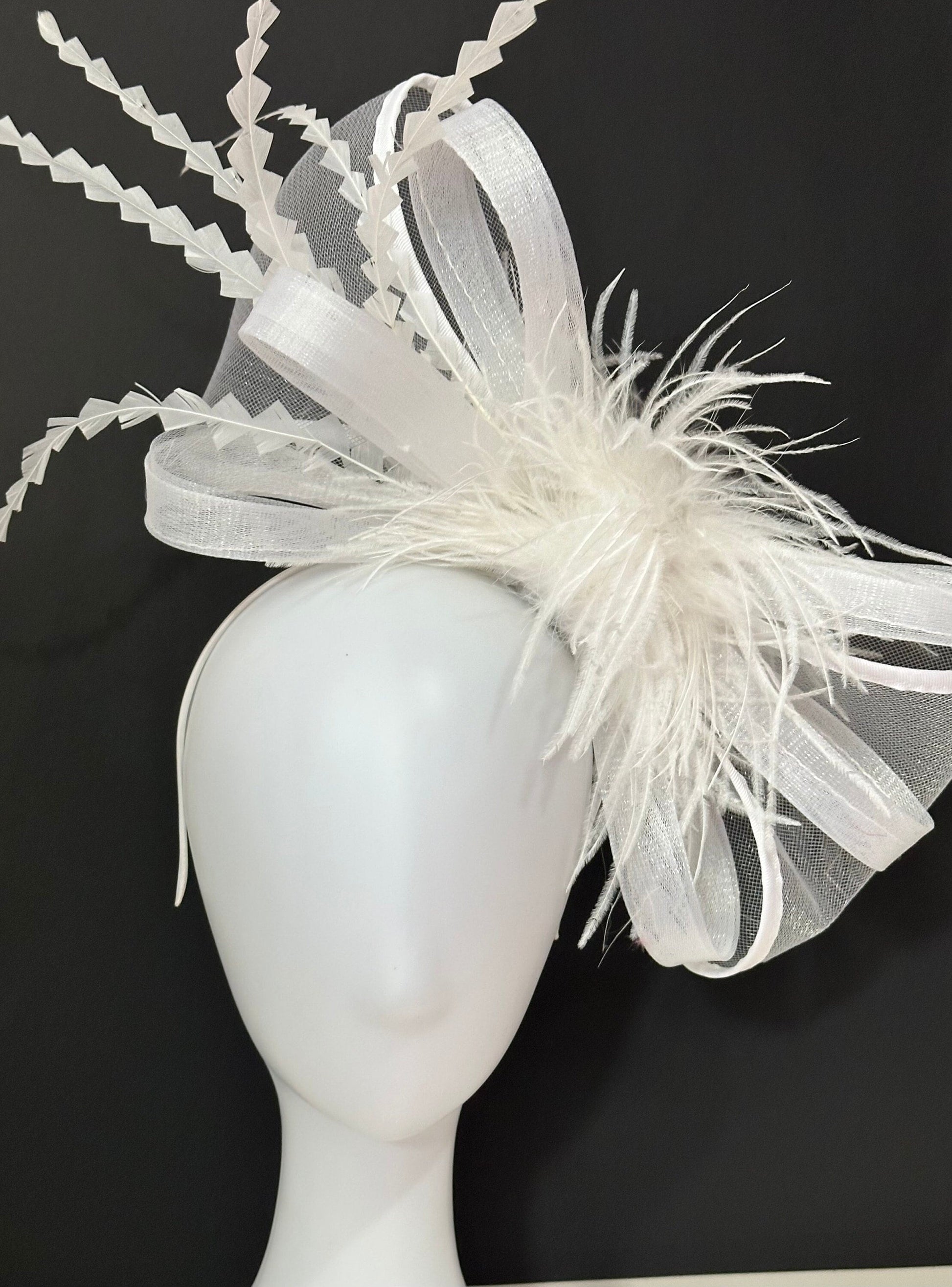 White Wedding Fascinator Hat, White Bow Fascinator Headband, White Feather Derby Hat, Tea Party Hat, Magenta, Pink Green Kentucky Derby Hat