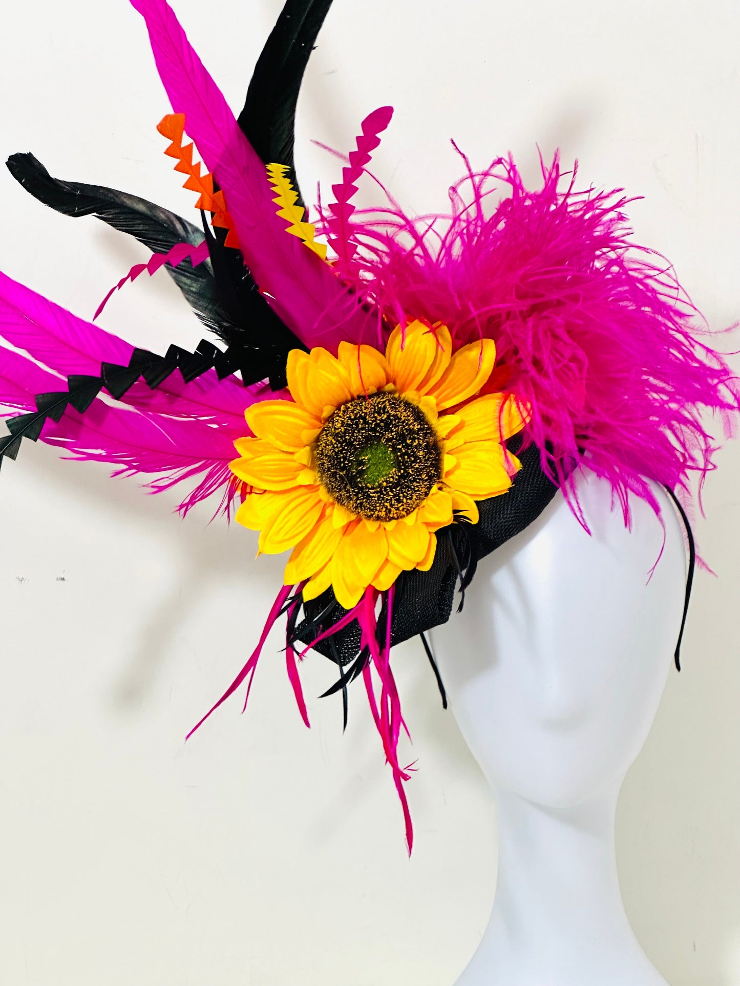 Pink Orange Hat, whimsical Sunflower Fascinator Hat, Sunflower Derby Hat, Big Derby Hat, Pink Orange Yellow Black Fascinator