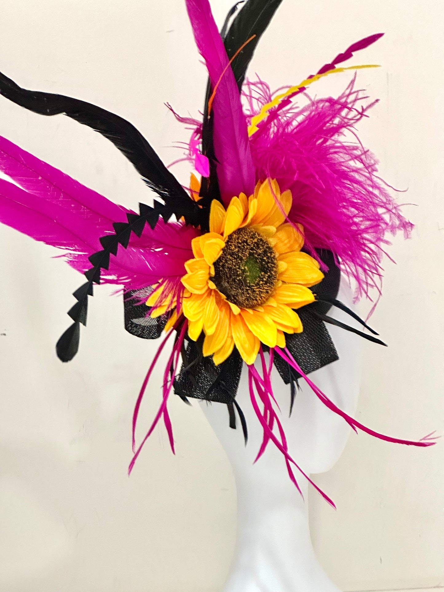 Pink Orange Hat, whimsical Sunflower Fascinator Hat, Sunflower Derby Hat, Big Derby Hat, Pink Orange Yellow Black Fascinator