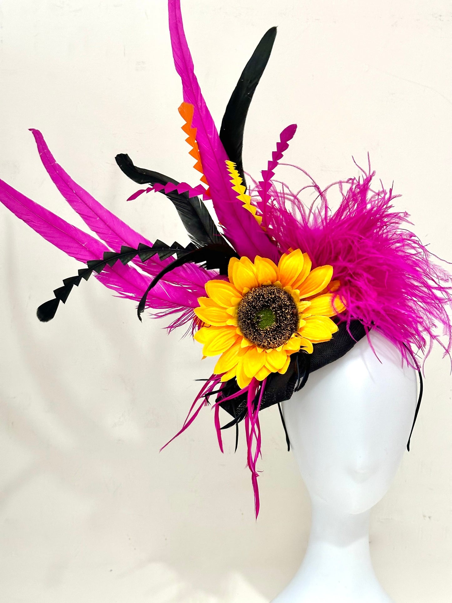 Pink Orange Hat, whimsical Sunflower Fascinator Hat, Sunflower Derby Hat, Big Derby Hat, Pink Orange Yellow Black Fascinator