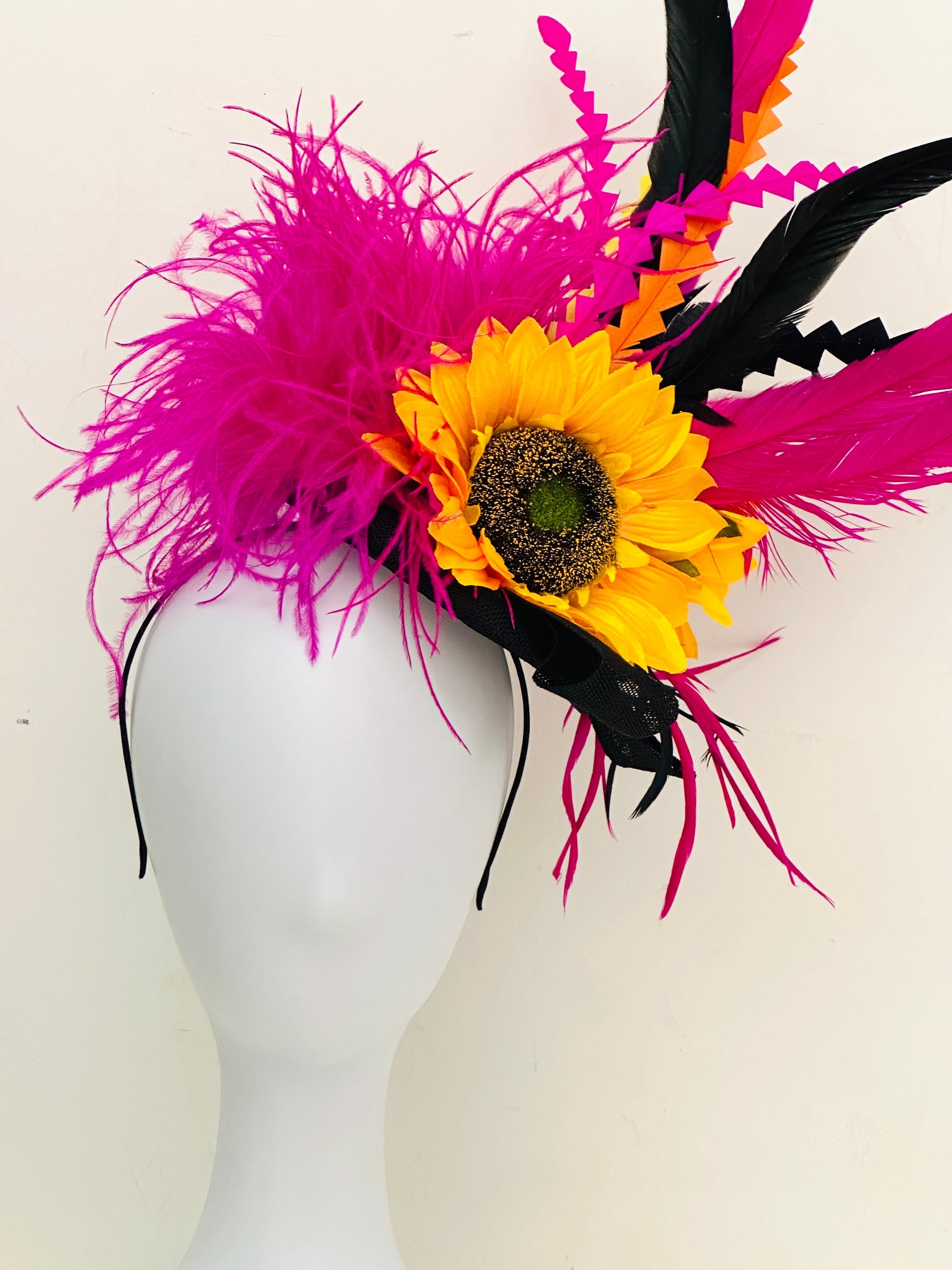 Pink Orange Hat, whimsical Sunflower Fascinator Hat, Sunflower Derby Hat, Big Derby Hat, Pink Orange Yellow Black Fascinator