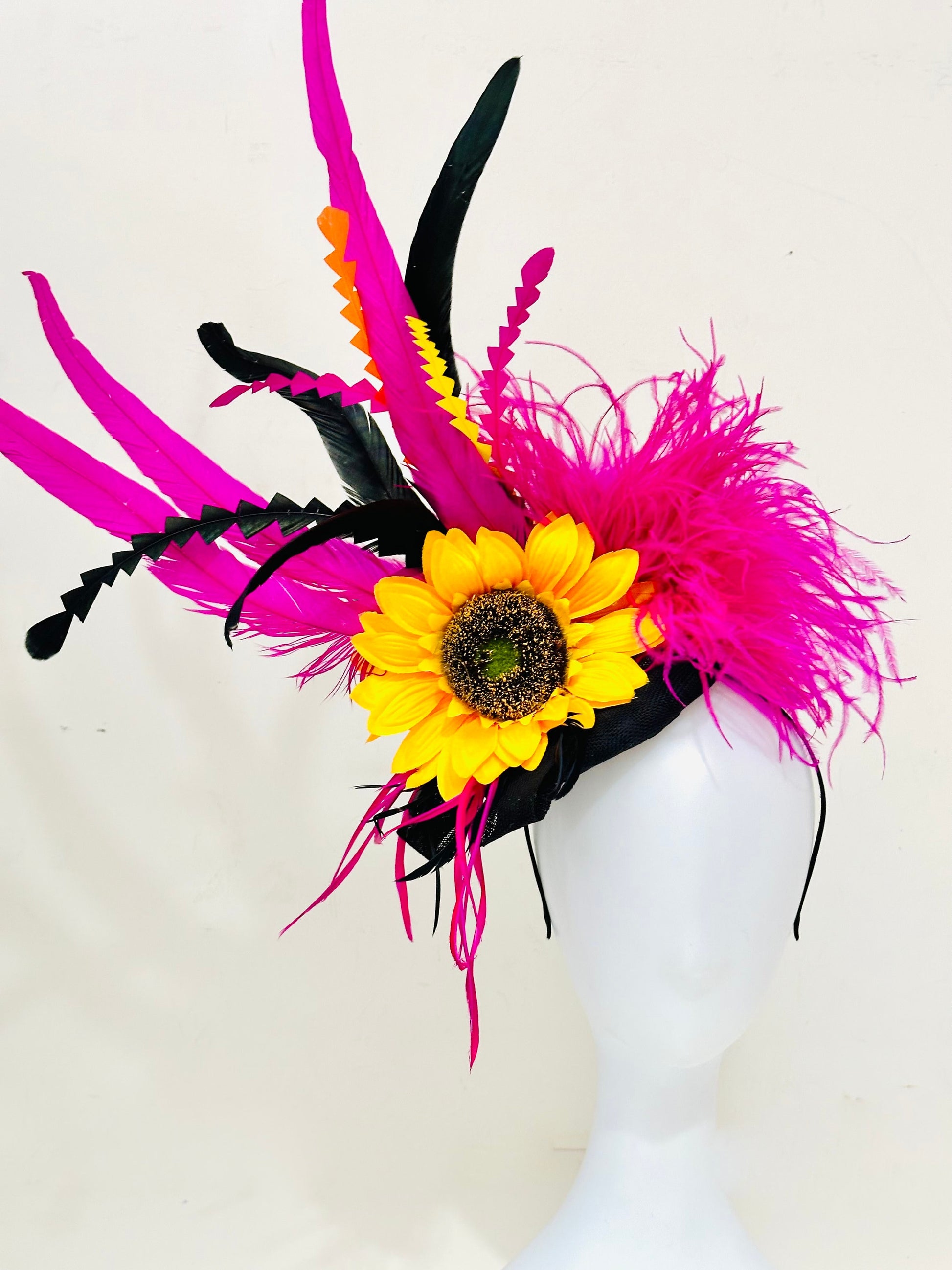 Pink Orange Hat, whimsical Sunflower Fascinator Hat, Sunflower Derby Hat, Big Derby Hat, Pink Orange Yellow Black Fascinator