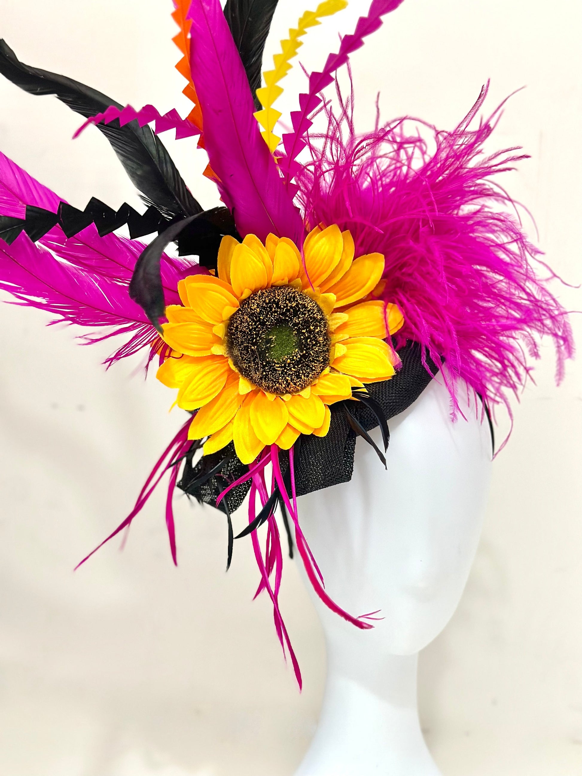 Pink Orange Hat, whimsical Sunflower Fascinator Hat, Sunflower Derby Hat, Big Derby Hat, Pink Orange Yellow Black Fascinator