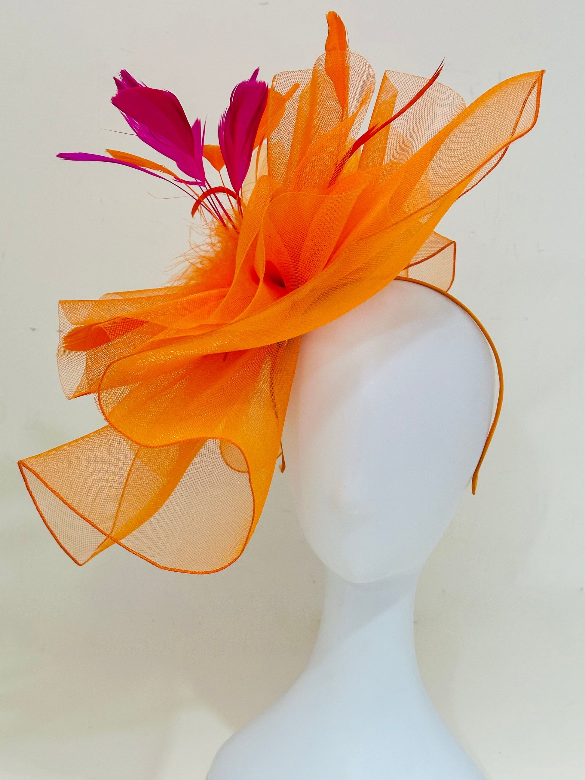 Big White Derby Hat Fascinator, Sheer Crinoline Big Derby Hat, White Wedding Hat Fascinate, Church Tea Party Hat, White, Orange Derby Hat