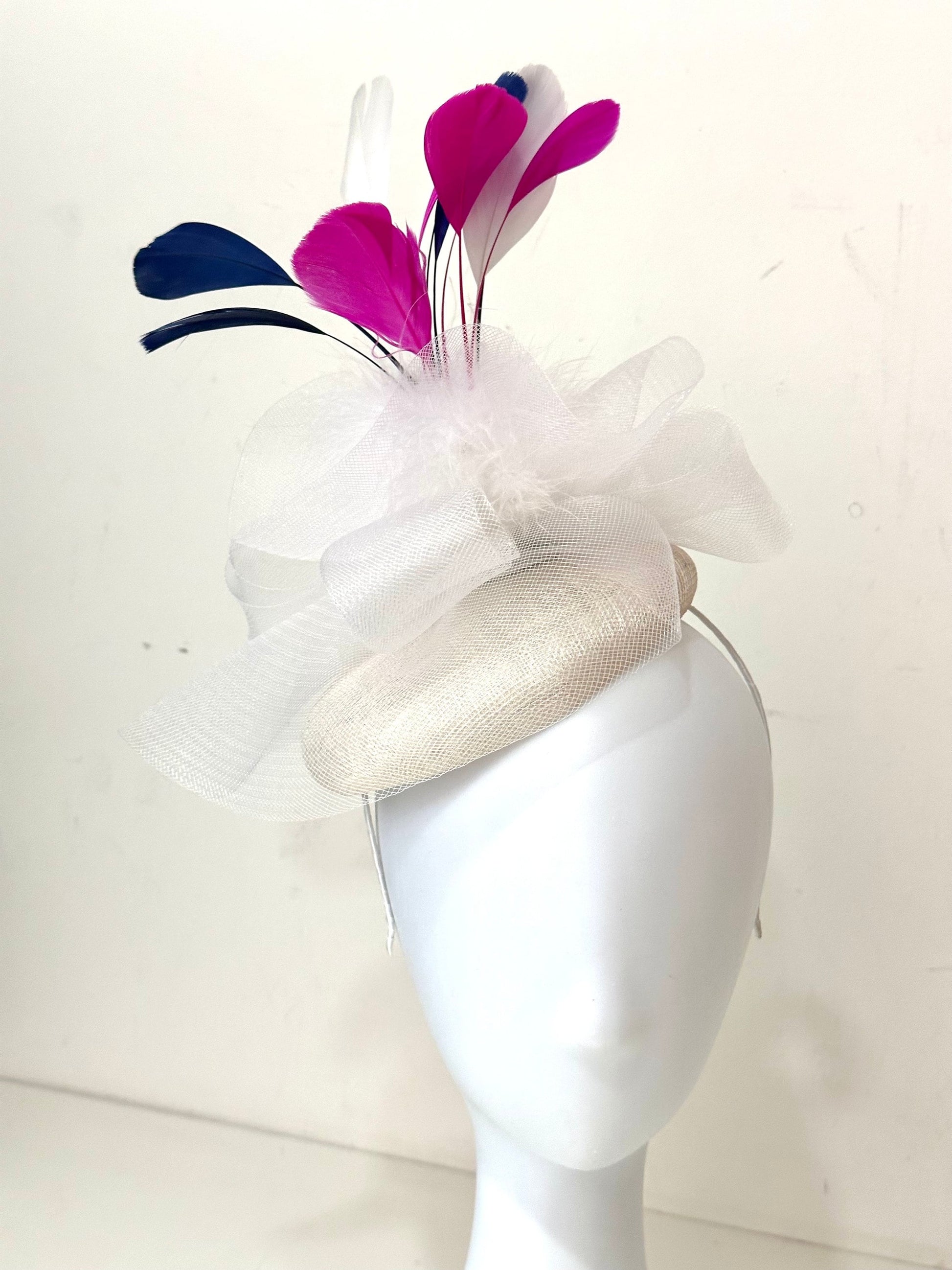 Pink Blue White Kentucky Derby Hat Fascinator Headband, Fuchsia Pink Navy White Derby Hat, Wedding Hat, Garden Party Church Hat