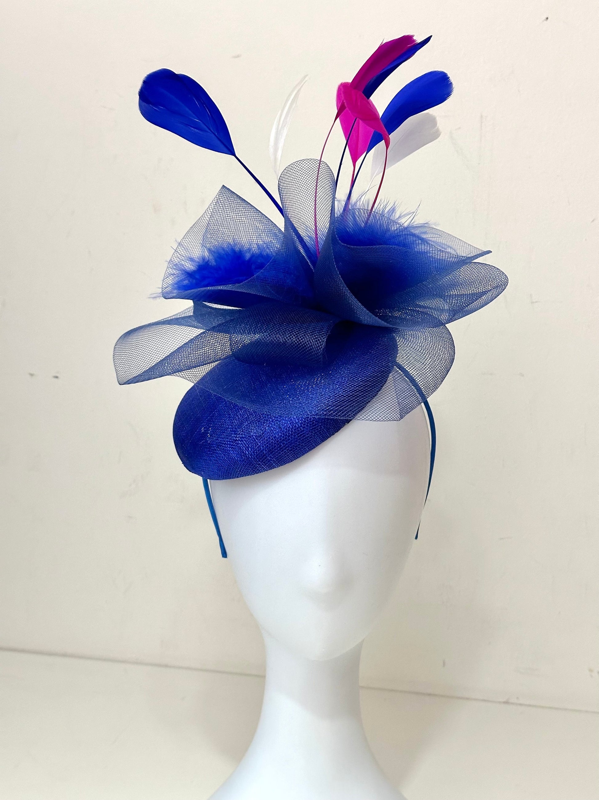 Pink Blue White Kentucky Derby Hat Fascinator Headband, Fuchsia Pink Navy White Derby Hat, Wedding Hat, Garden Party Church Hat