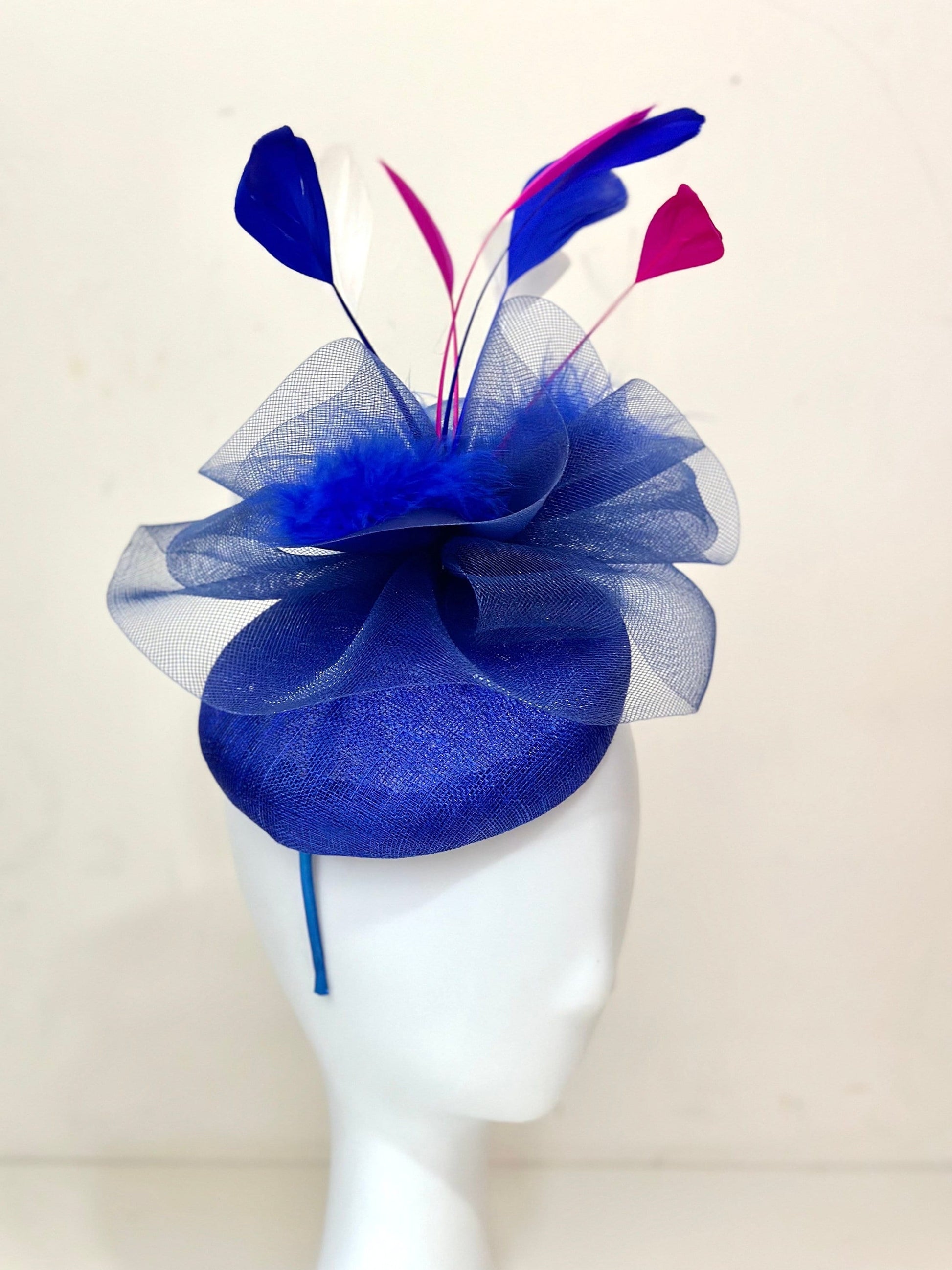 Pink Blue White Kentucky Derby Hat Fascinator Headband, Fuchsia Pink Navy White Derby Hat, Wedding Hat, Garden Party Church Hat