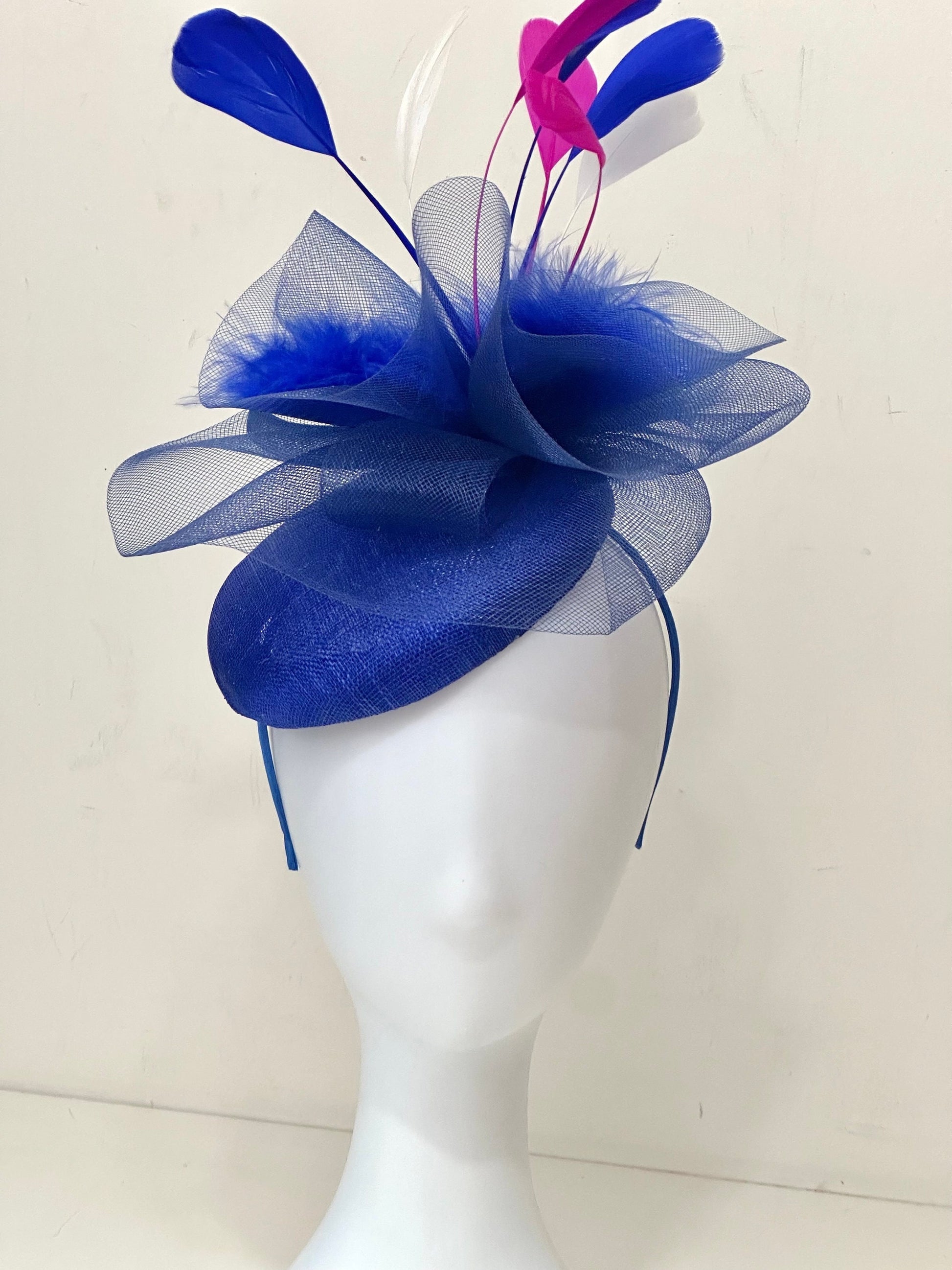 Pink Blue White Kentucky Derby Hat Fascinator Headband, Fuchsia Pink Navy White Derby Hat, Wedding Hat, Garden Party Church Hat