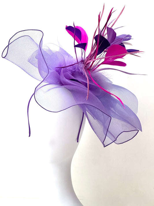 Lavender Lilac Pink Kentucky Derby Hat Fascinator Headband, Pink Navy White Big Derby Hat, Wedding Hat, Garden Party Church Hat, Feather Hat