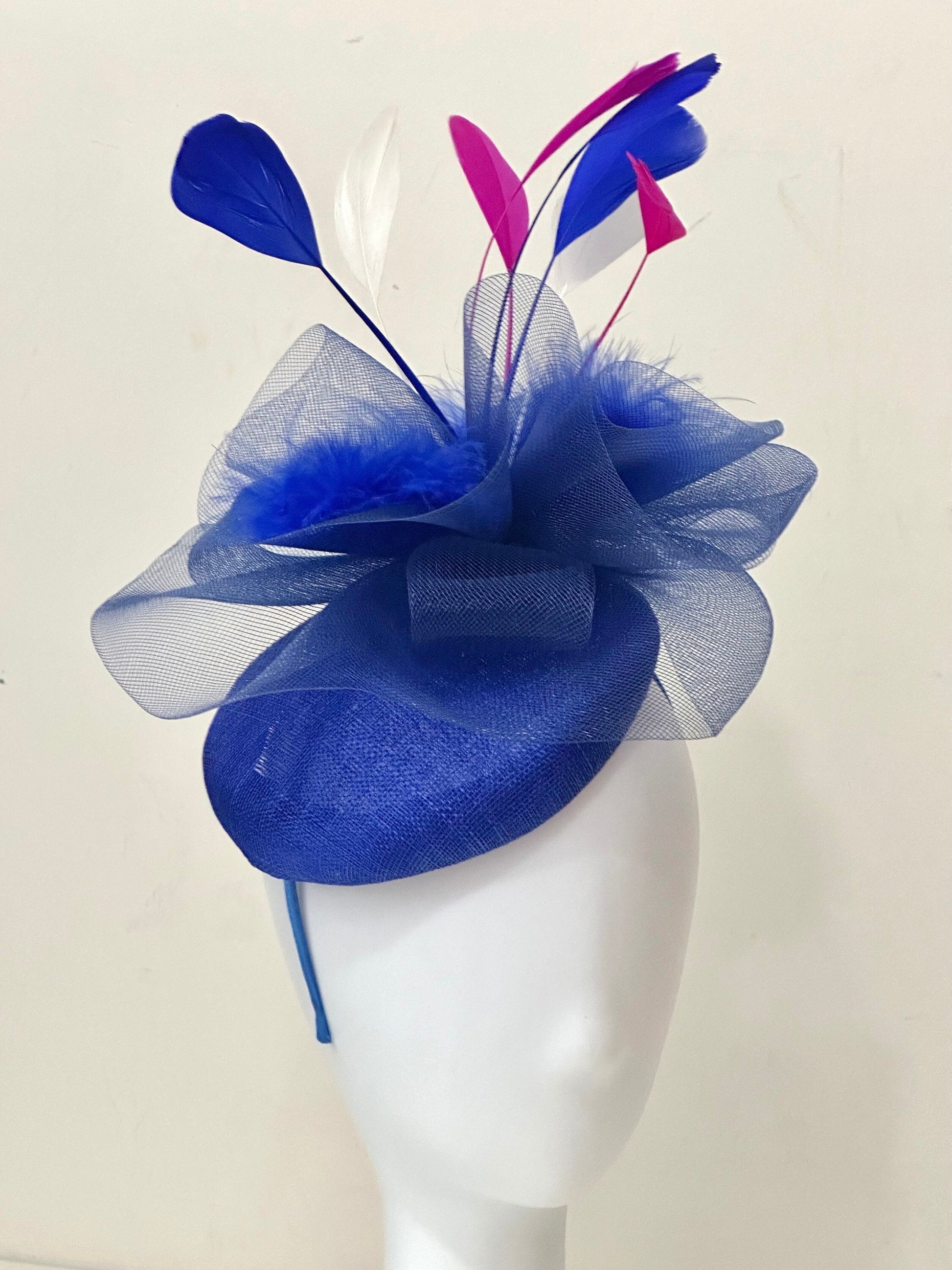 Pink Blue White Kentucky Derby Hat Fascinator Headband, Fuchsia Pink Navy White Derby Hat, Wedding Hat, Garden Party Church Hat