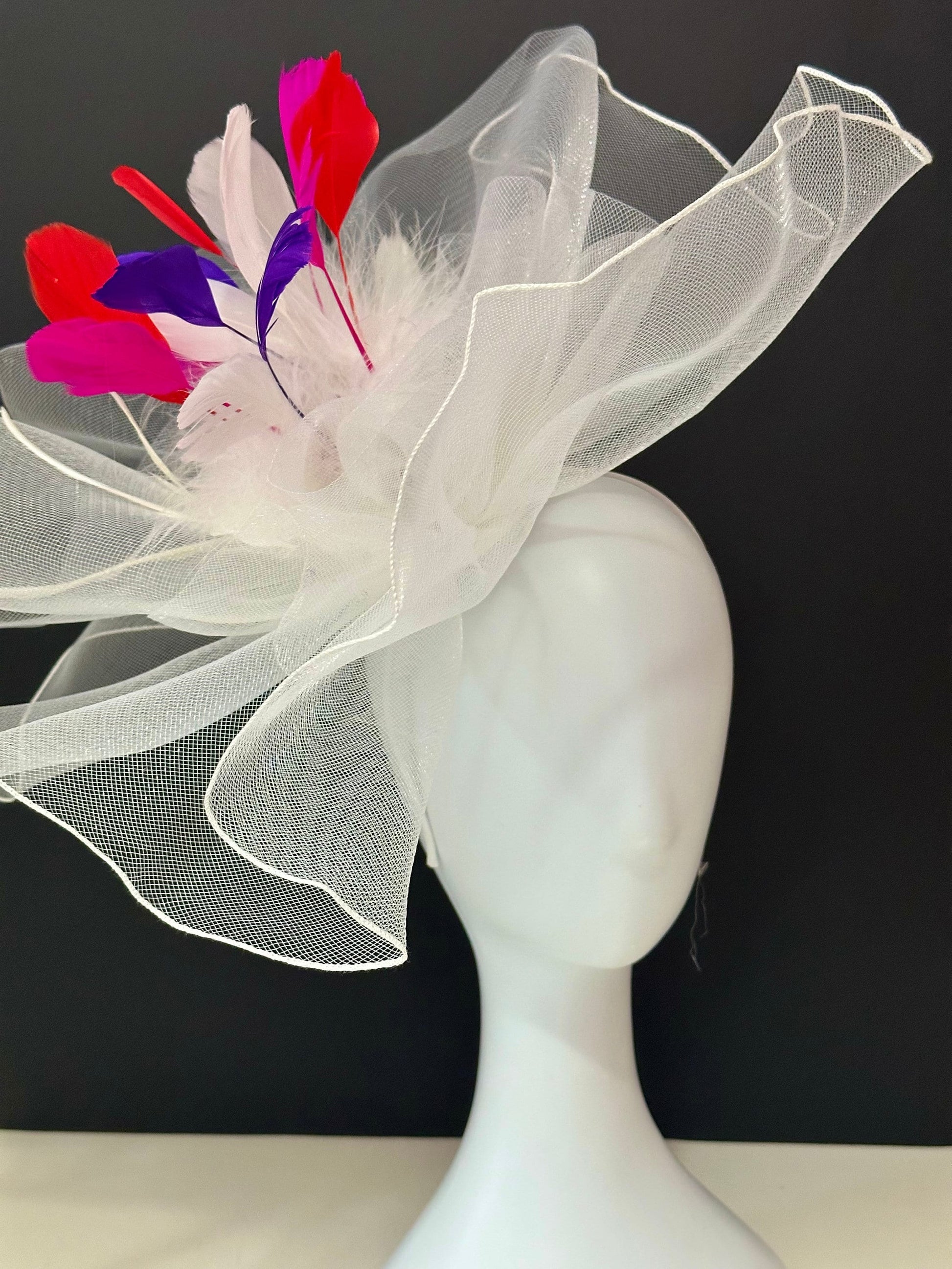 Big White Derby Hat Fascinator, Sheer Crinoline Big Derby Hat, White Wedding Hat Fascinate, Church Tea Party Hat, White, Orange Derby Hat