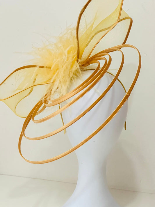 Bow Fascinator Headband, Feather Bow Fascinator Hat, Golden Yellow, Bronze, Black, Feather Bow Fascinator Headband, Modern Bow Spiral Hat