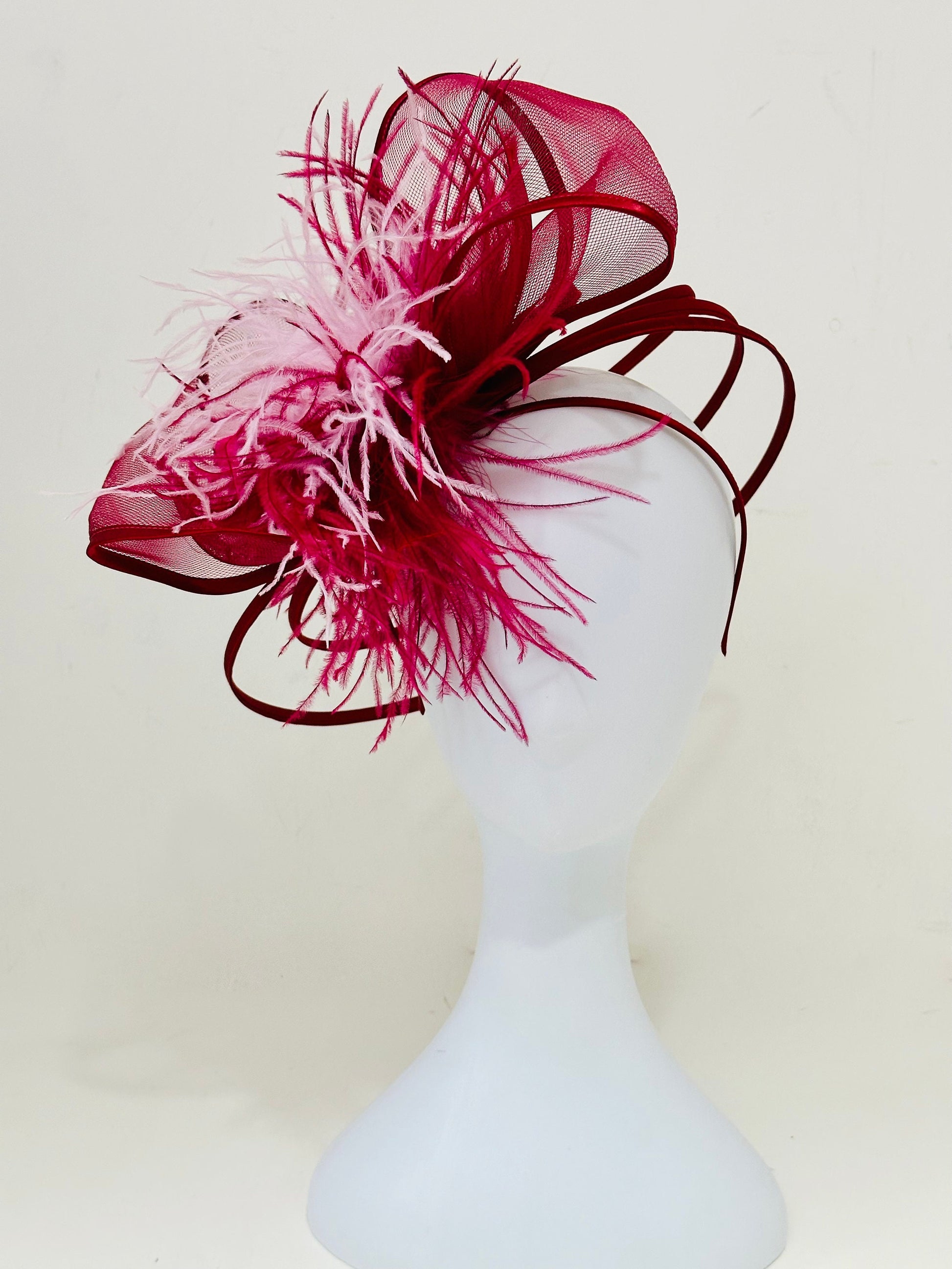 Red Bow Fascinator Hat, Spiral Headband, Red Pink Bow Feather Fascinator, Derby Hat,Black, White, Yellow Gold,Dusty Rose Fascinator Headband