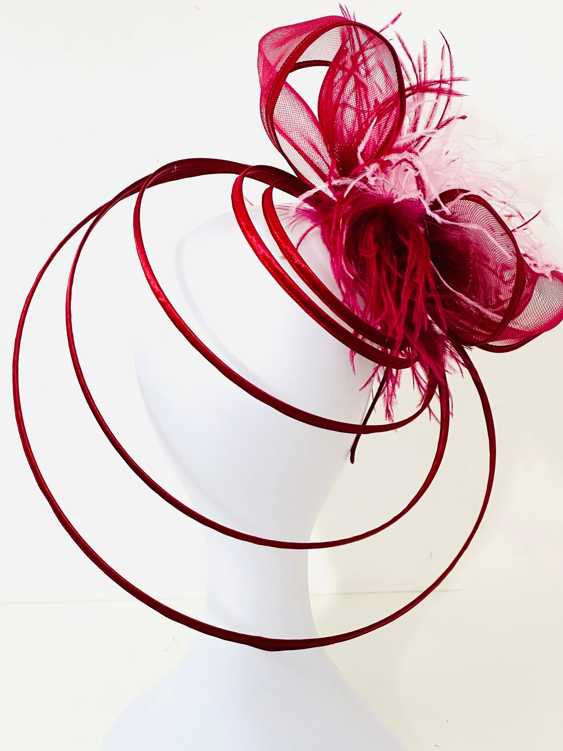 Red Bow Fascinator Hat, Spiral Headband, Red Pink Bow Feather Fascinator, Derby Hat,Black, White, Yellow Gold,Dusty Rose Fascinator Headband