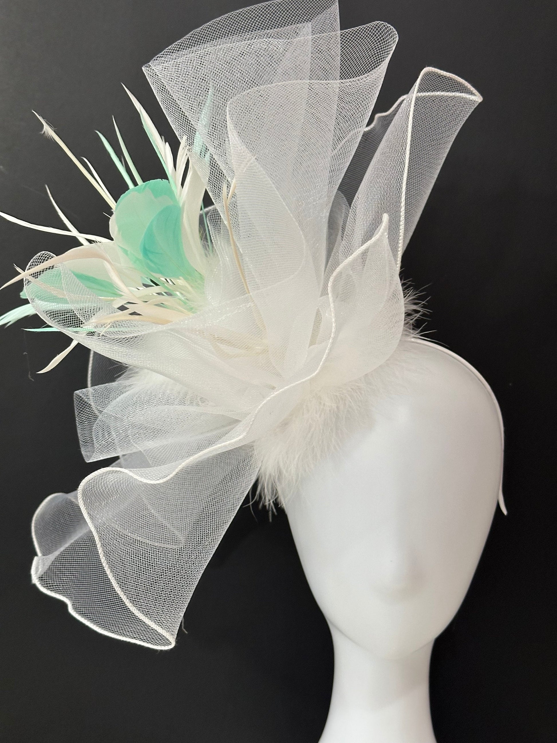 Big White Derby Hat Fascinator, Sheer Crinoline Big Derby Hat, White Wedding Hat Fascinate, Church Tea Party Hat, White, Orange Derby Hat