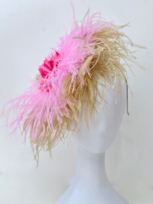 Pink Beige Fascinator Headband, Kentucky Derby Fascinator Hat, Custom Feather Headband, Wedding Fascinator, Custom Headband