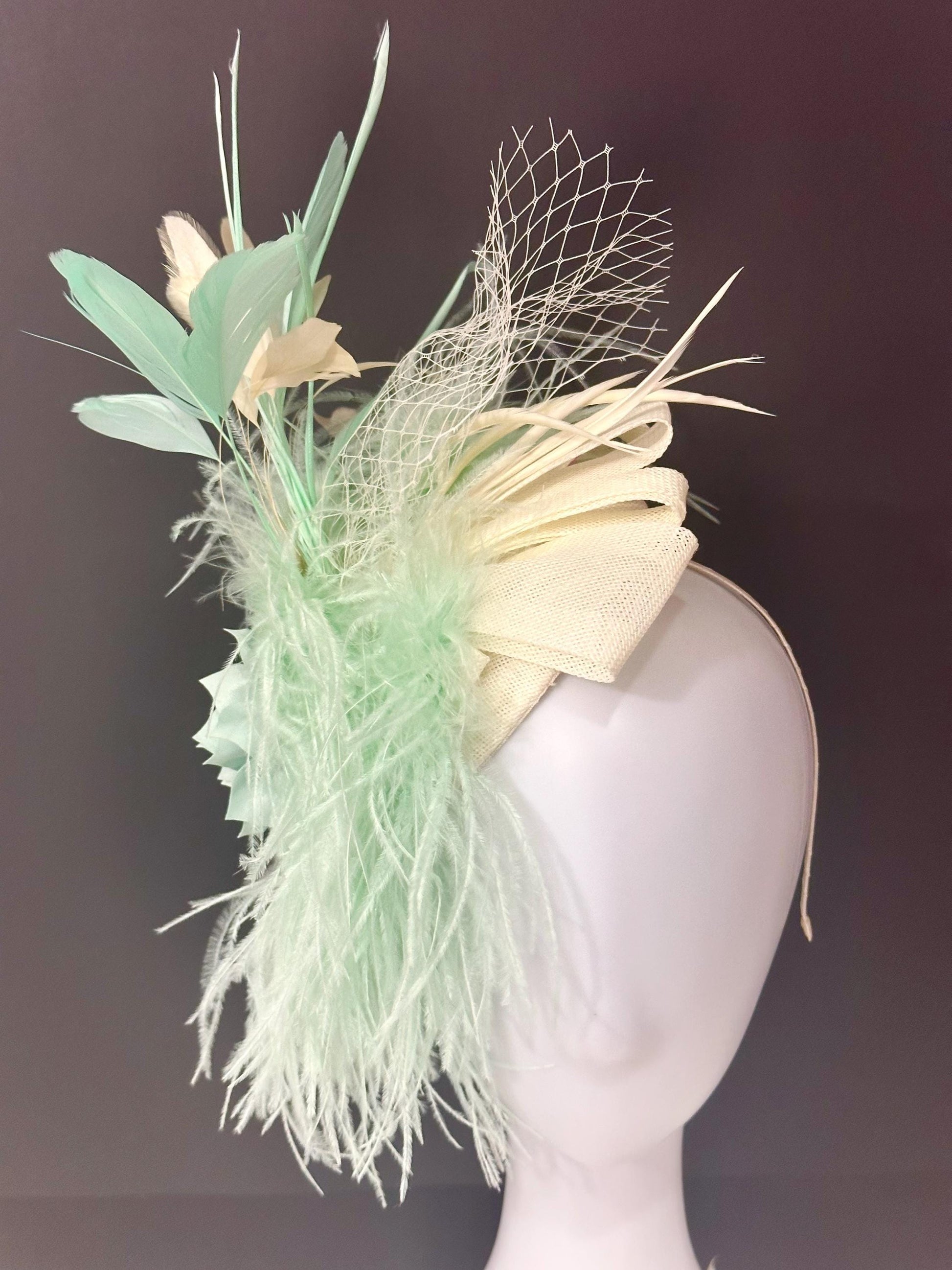 Wedding Fascinator Hat, Mint Fascinator Hat, Pale Mint Feather Hat Fascinator Headband,Church Hat,Tea Party Hat Fascinate, Custom Derby Hat