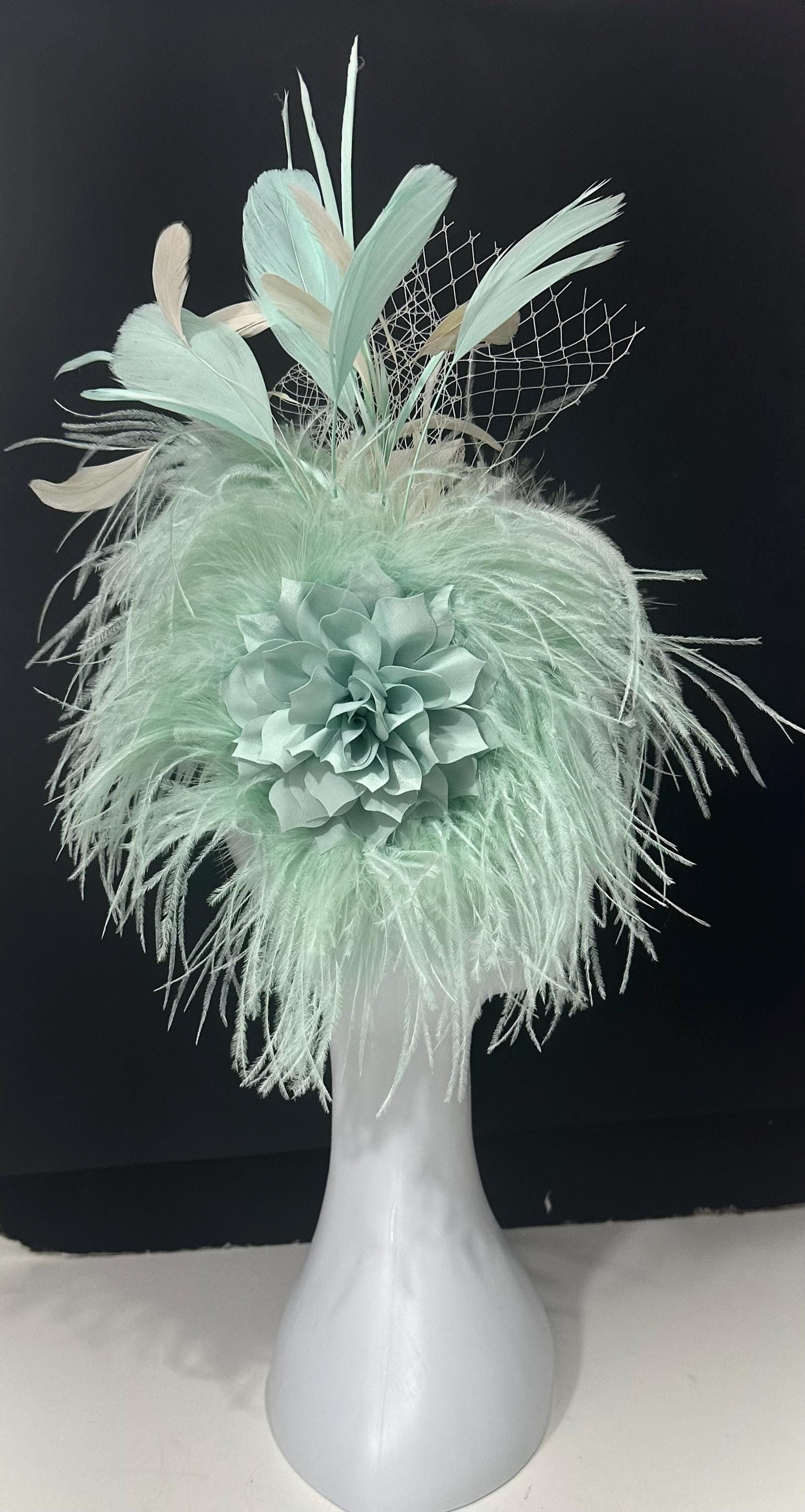 Wedding Fascinator Hat, Mint Fascinator Hat, Pale Mint Feather Hat Fascinator Headband,Church Hat,Tea Party Hat Fascinate, Custom Derby Hat