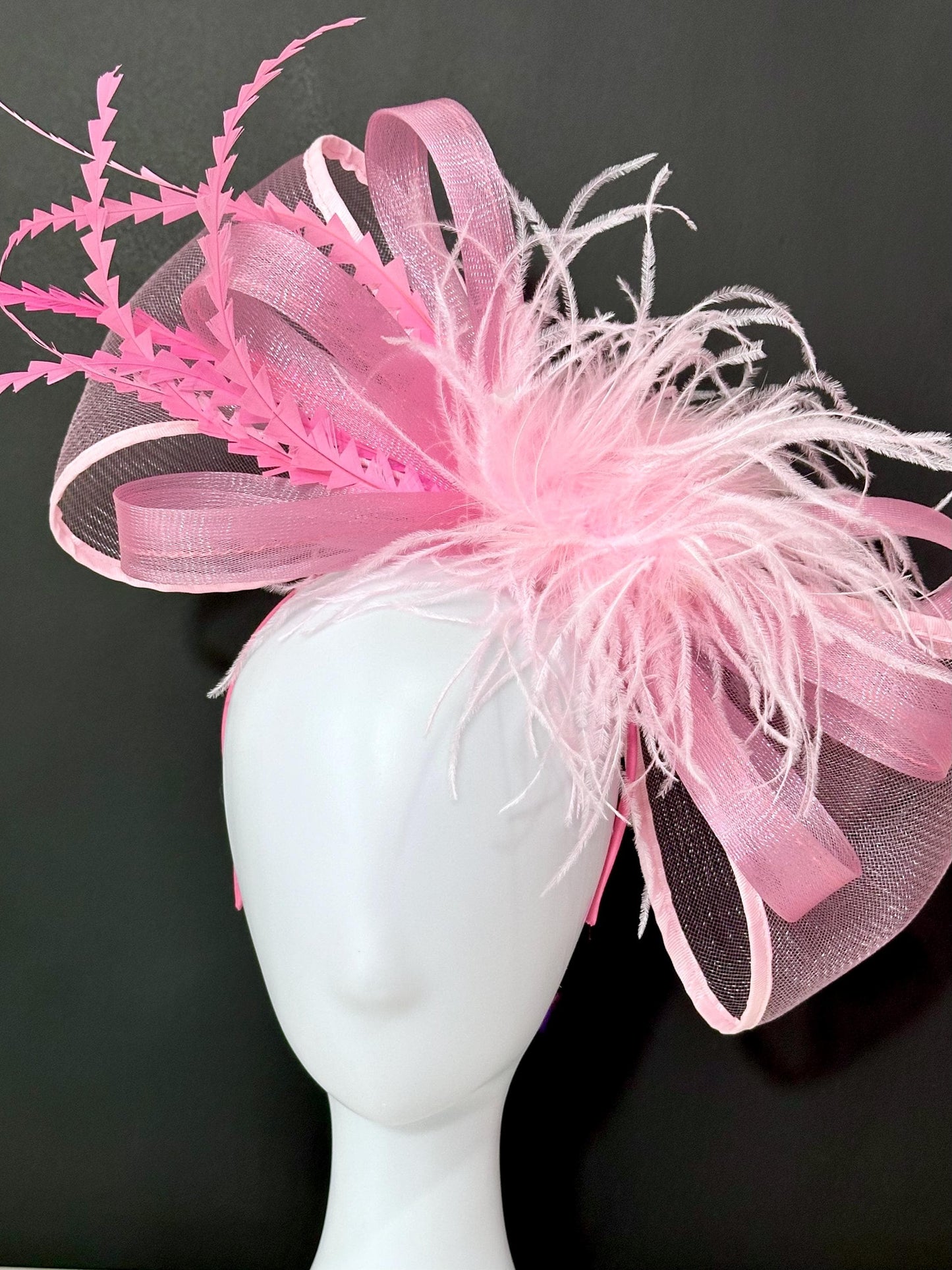 White Wedding Fascinator Hat, White Bow Fascinator Headband, White Feather Derby Hat, Tea Party Hat, Magenta, Pink Green Kentucky Derby Hat